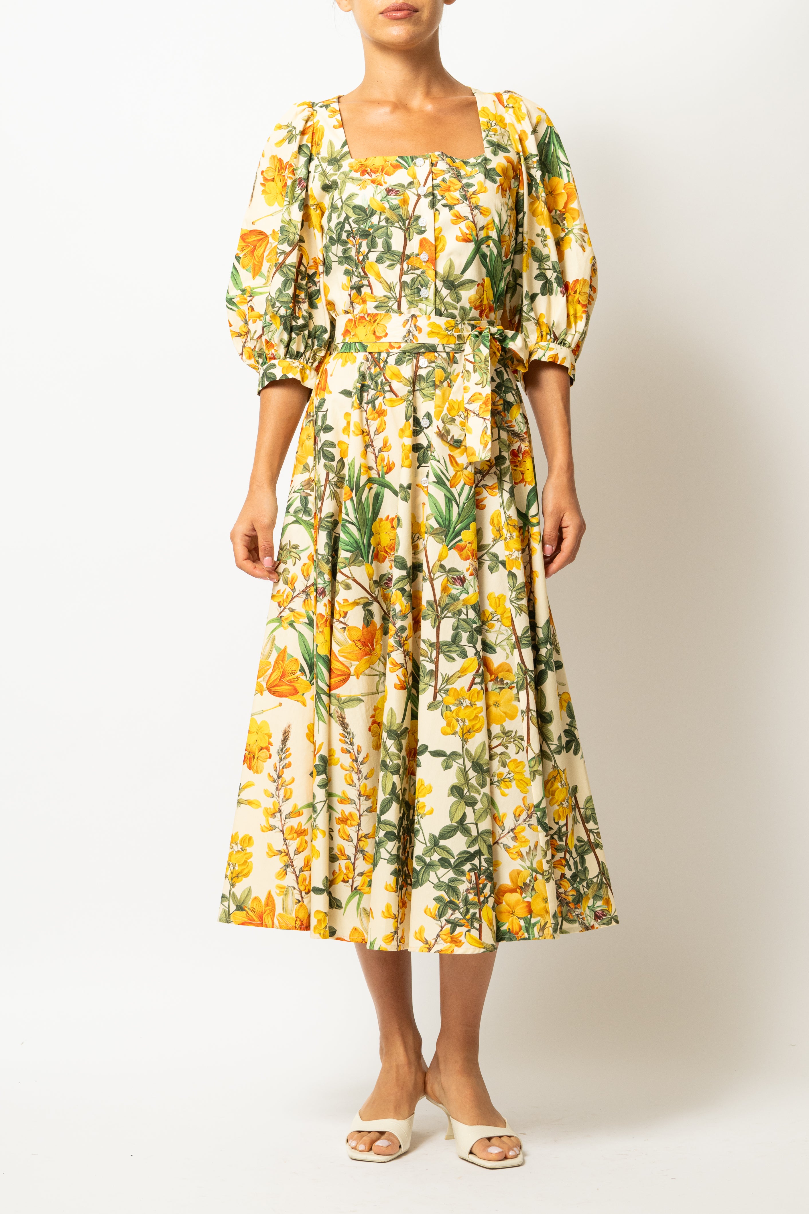 Rochie Midi, cu Decolteu Patrat, din Bumbac cu Flori Galbene