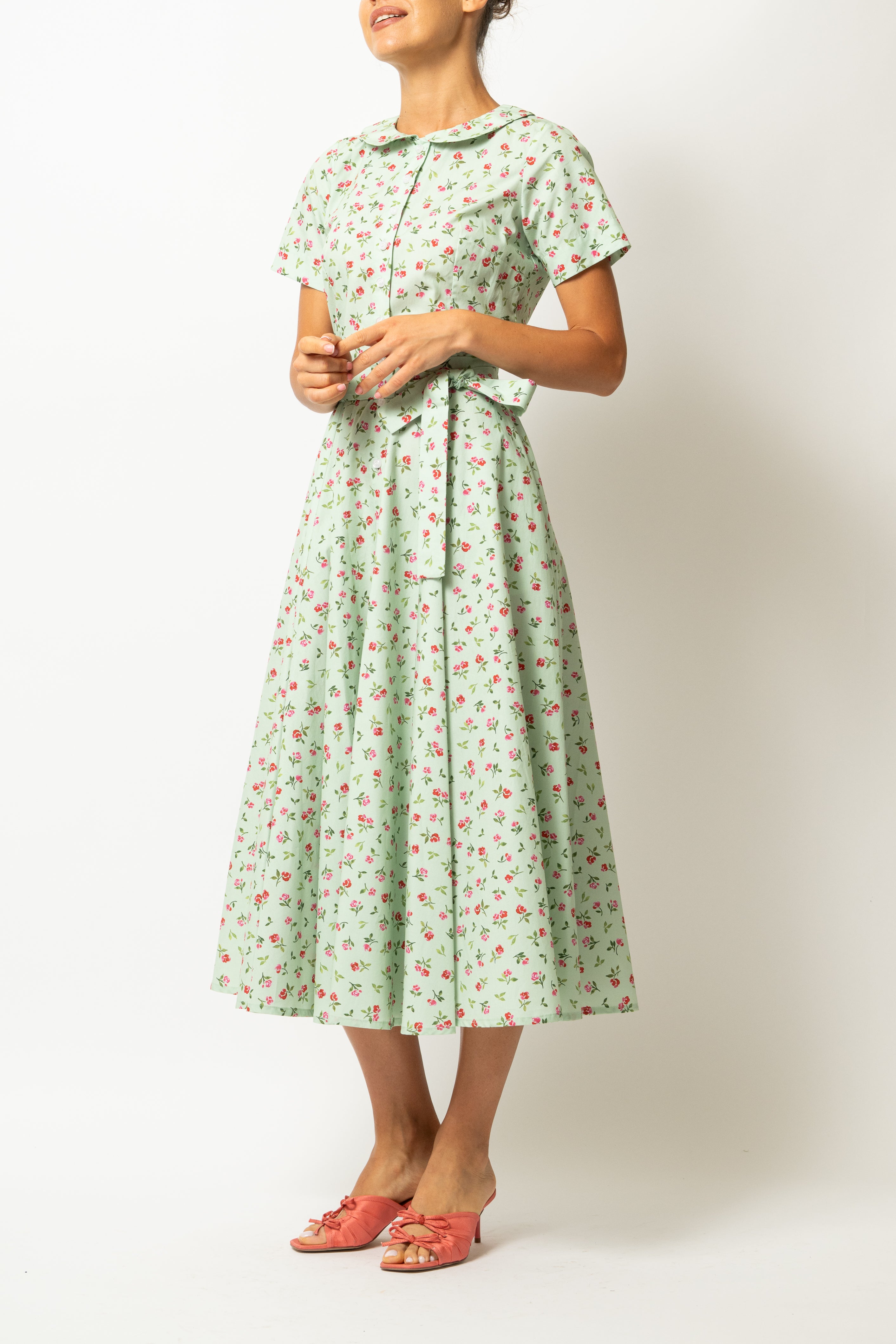 Floral and Striped Midi Shirt Dress, Blue