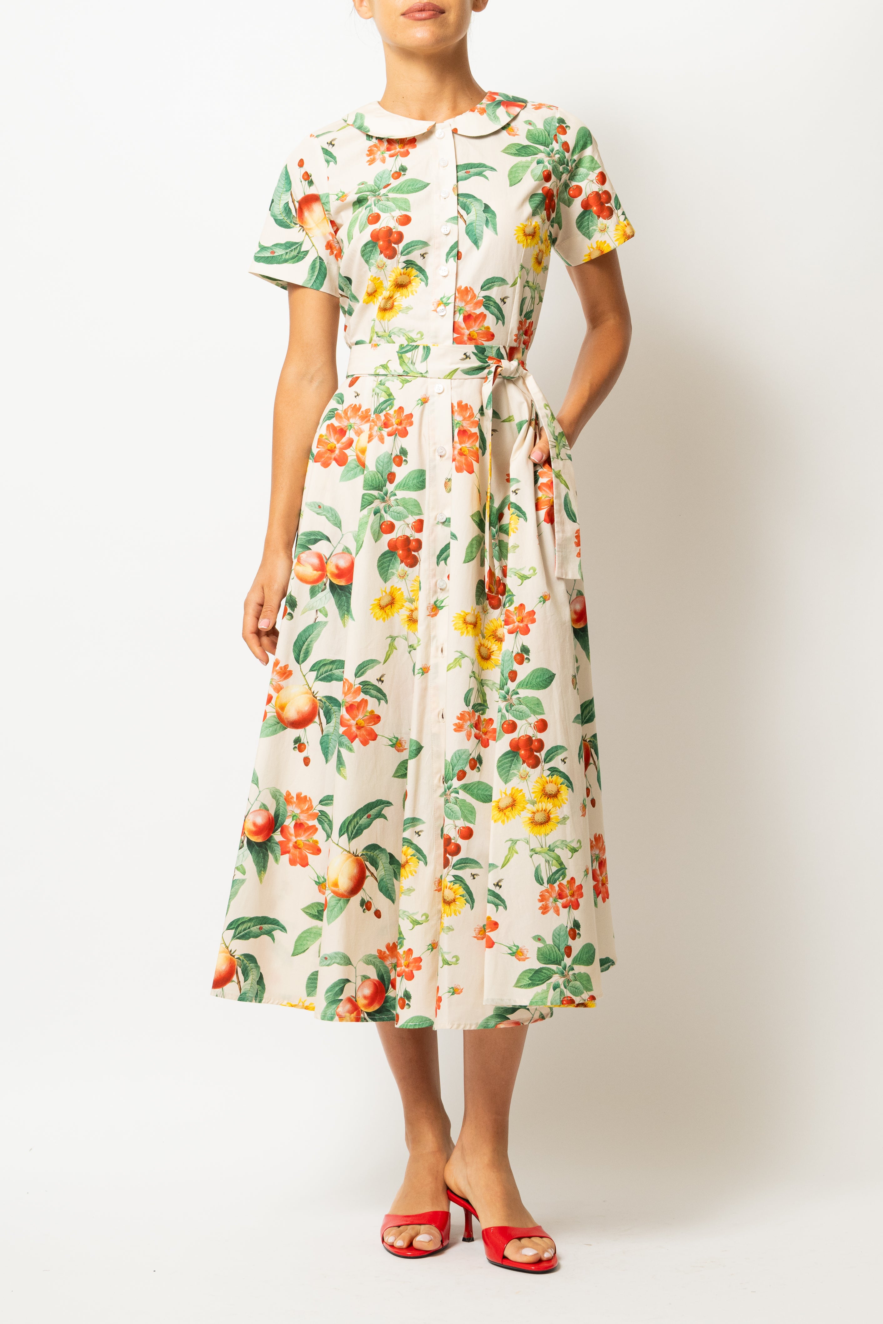 Rochie Camasa Midi cu Imprimeu cu Flori si Fructe