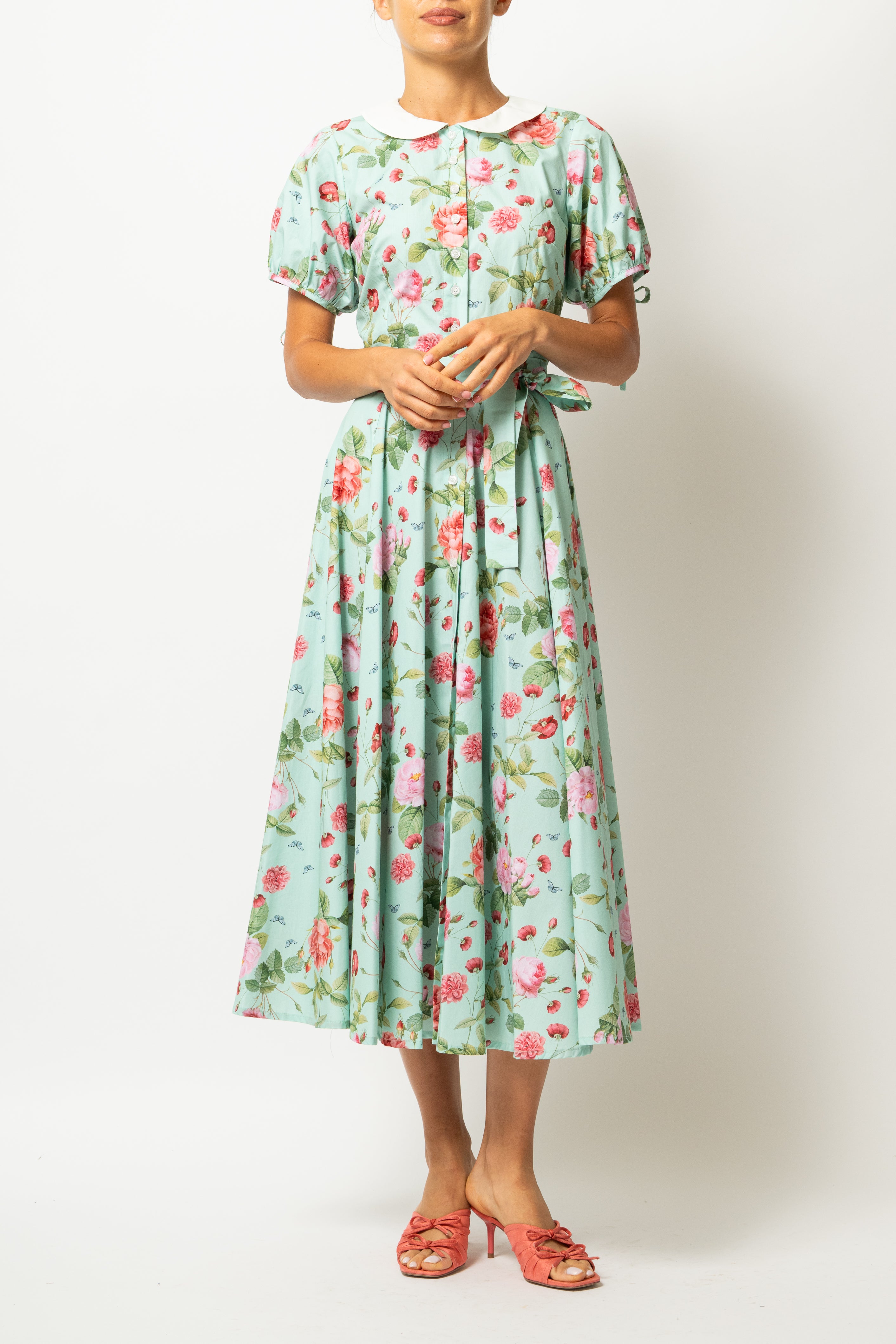 Floral and Striped Midi Shirt Dress, Blue
