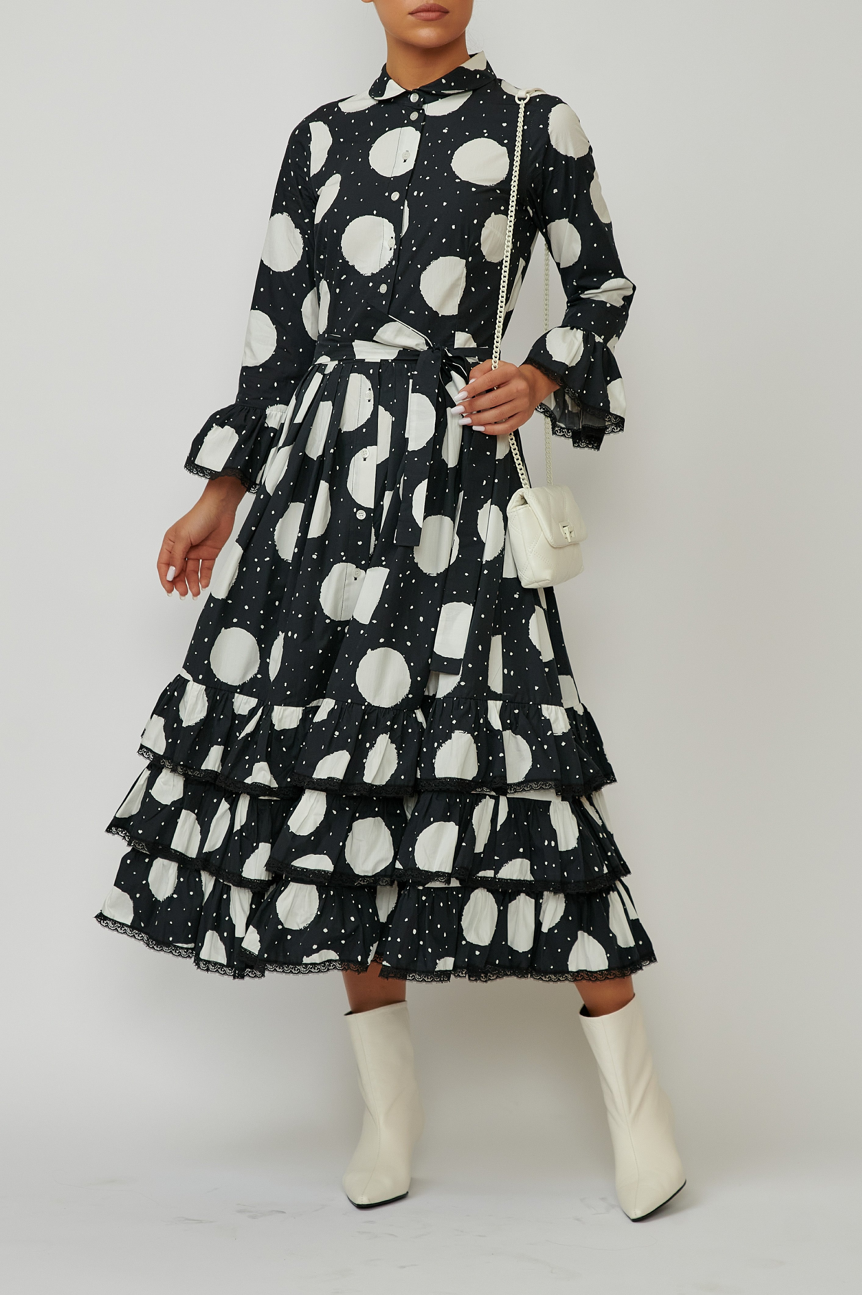 Rochie Camasa Midi cu Volane din Bumbac, Neagra