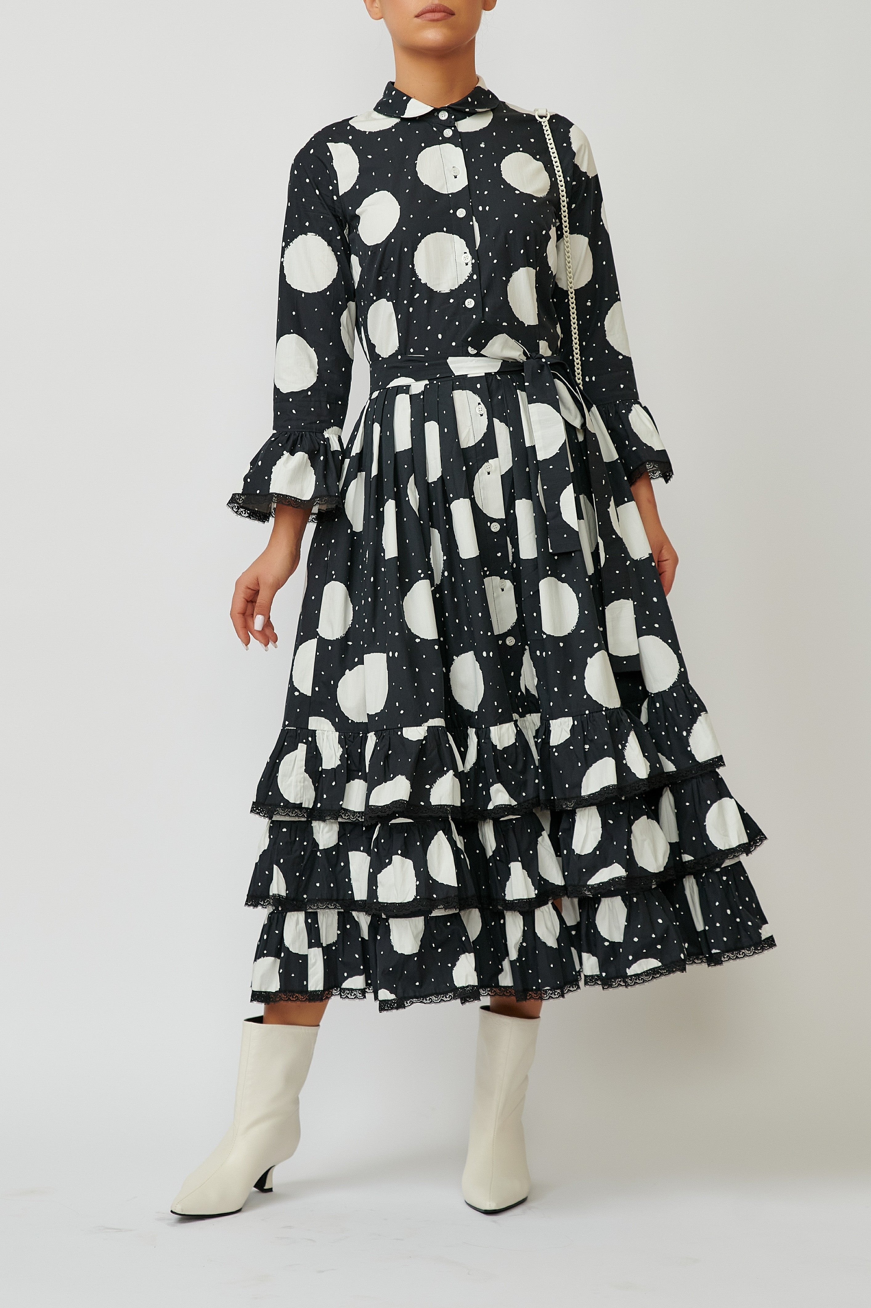 Rochie Camasa Midi cu Volane din Bumbac, Neagra