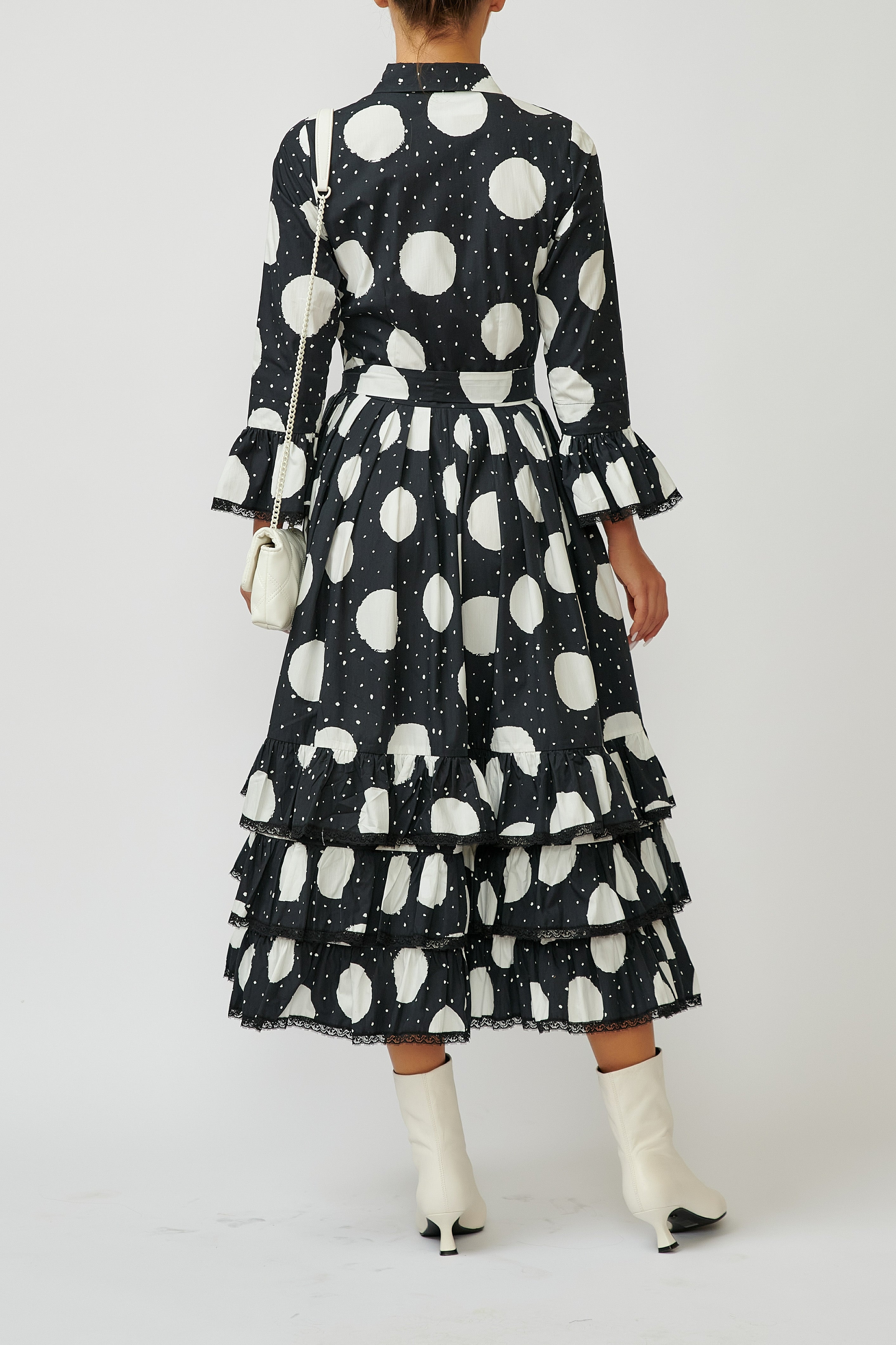 Rochie Camasa Midi cu Volane din Bumbac, Neagra