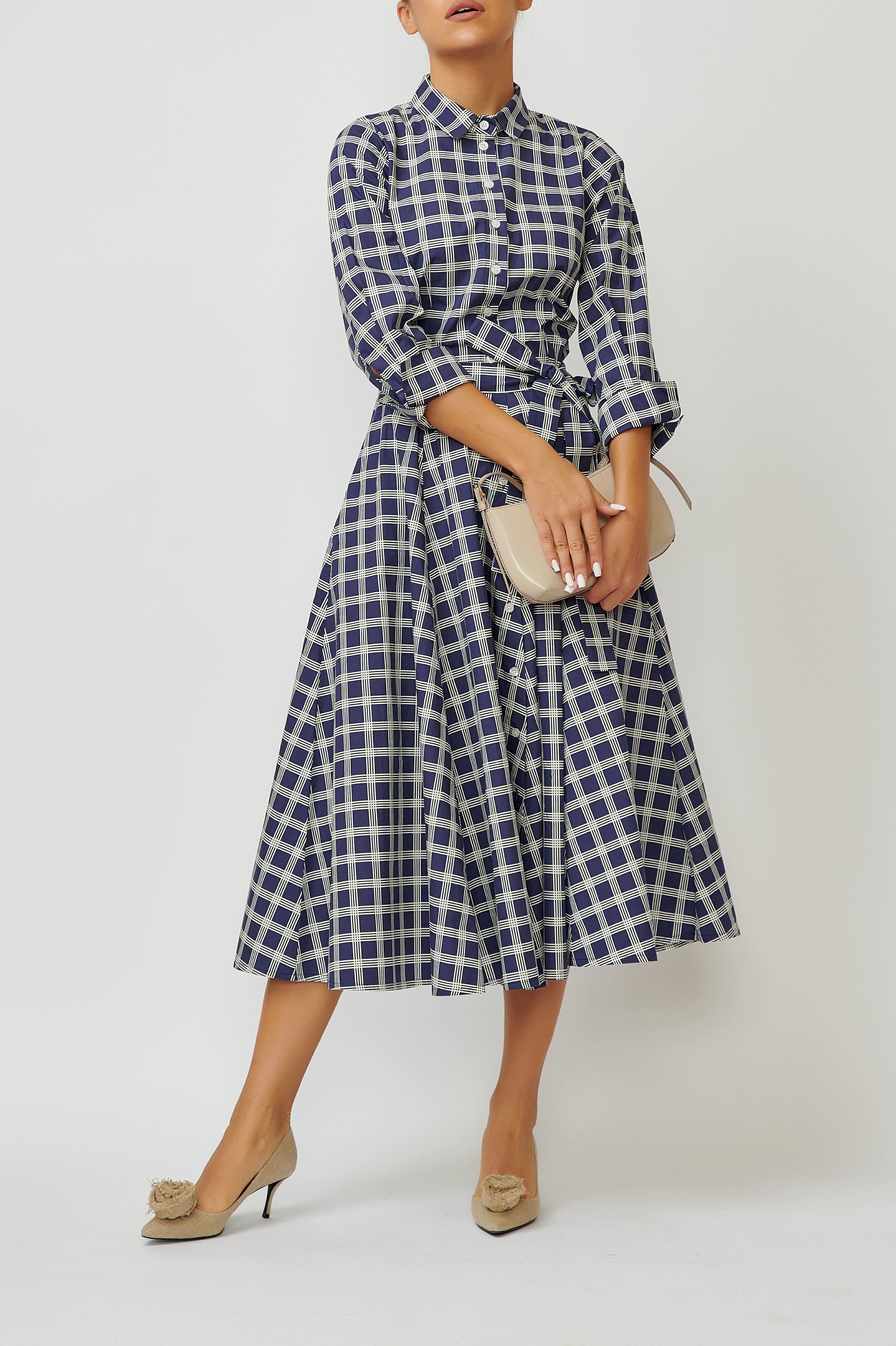 Rochie Camasa Midi in Carouri din Bumbac, Bleumarin