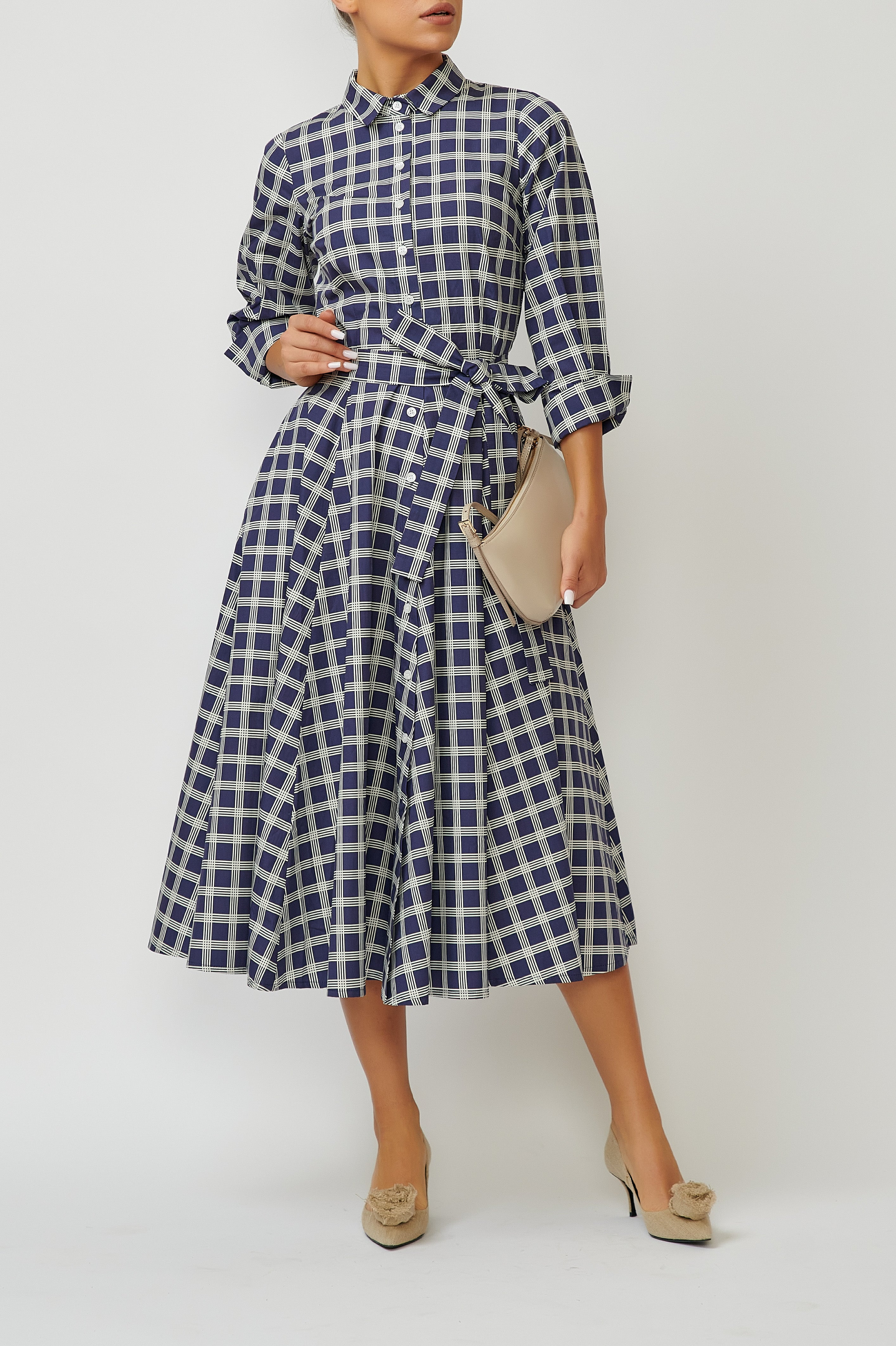 Rochie Camasa Midi in Carouri din Bumbac, Bleumarin