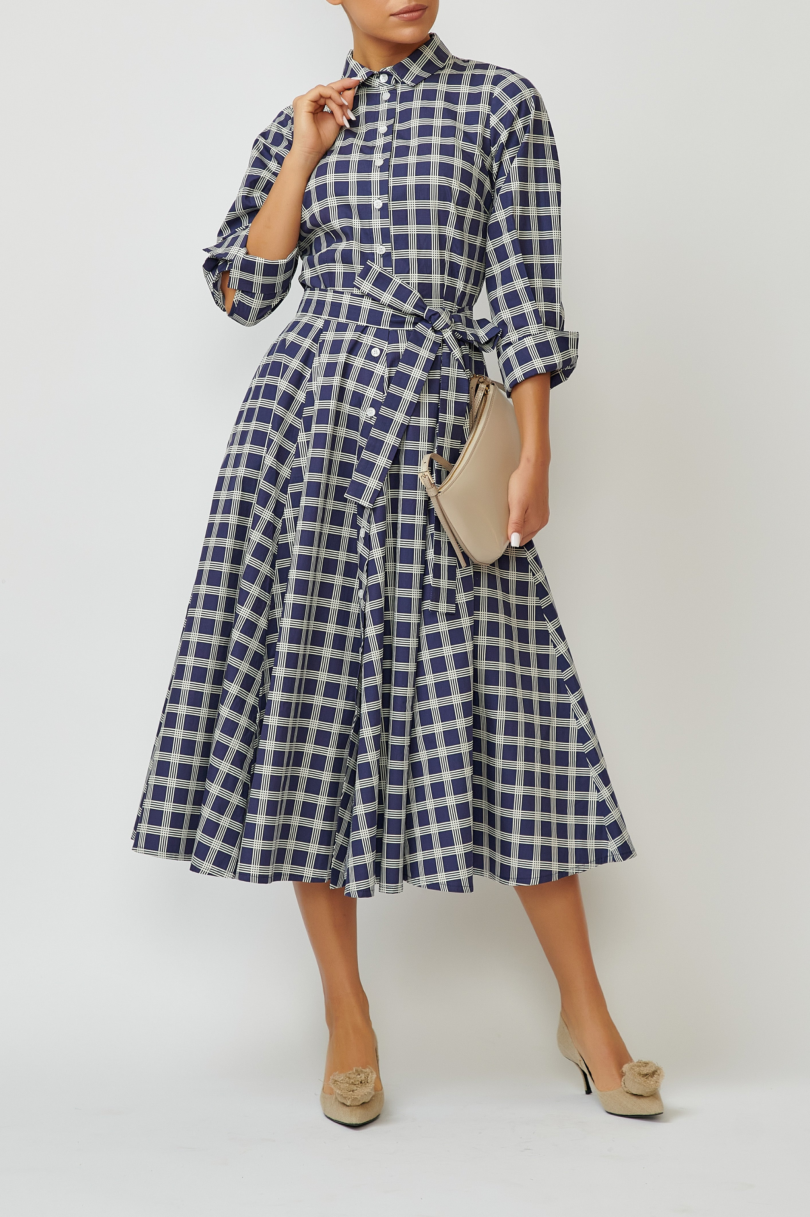 Rochie Camasa Midi in Carouri din Bumbac, Bleumarin