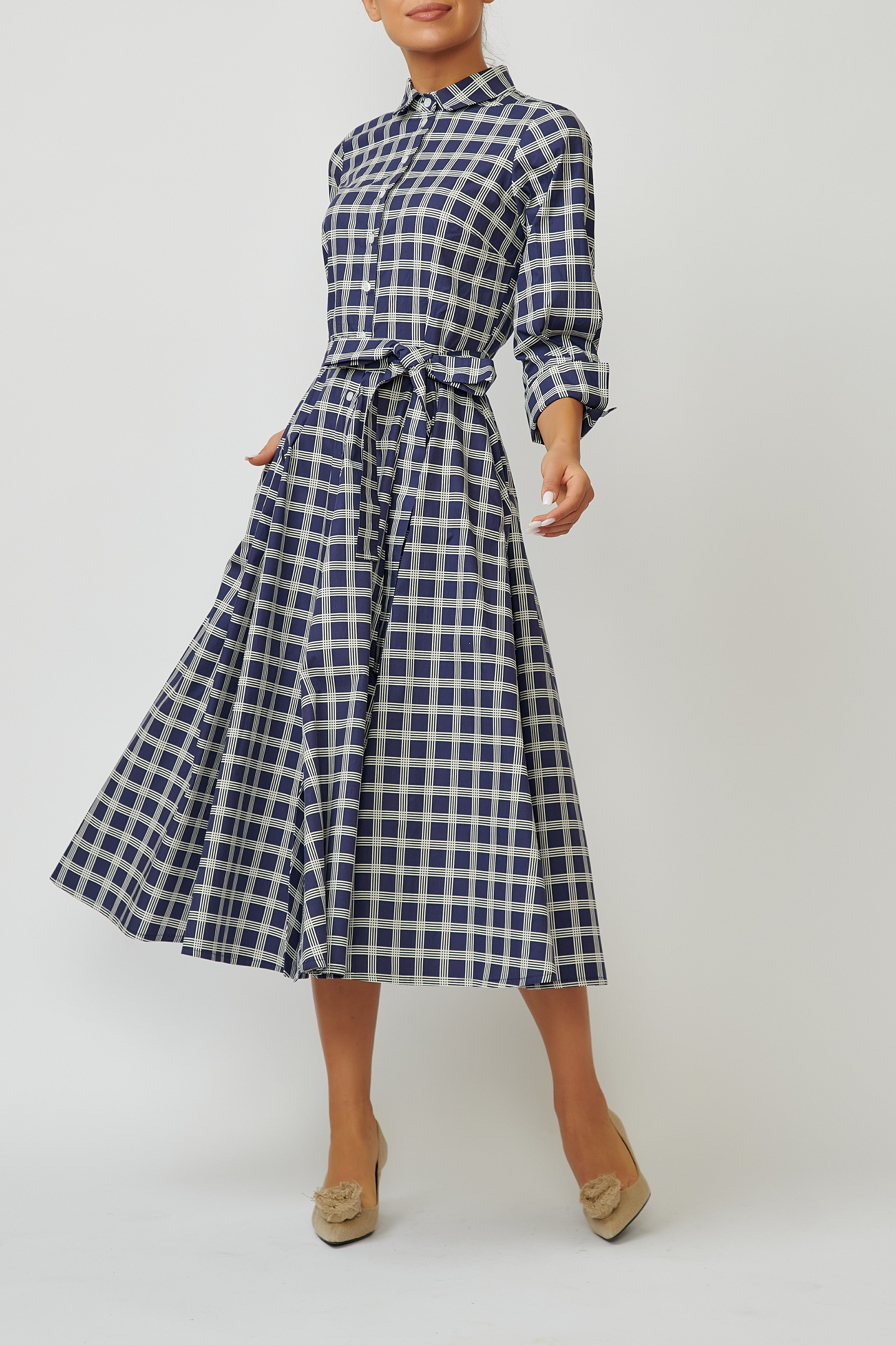 Rochie Camasa Midi in Carouri din Bumbac, Bleumarin