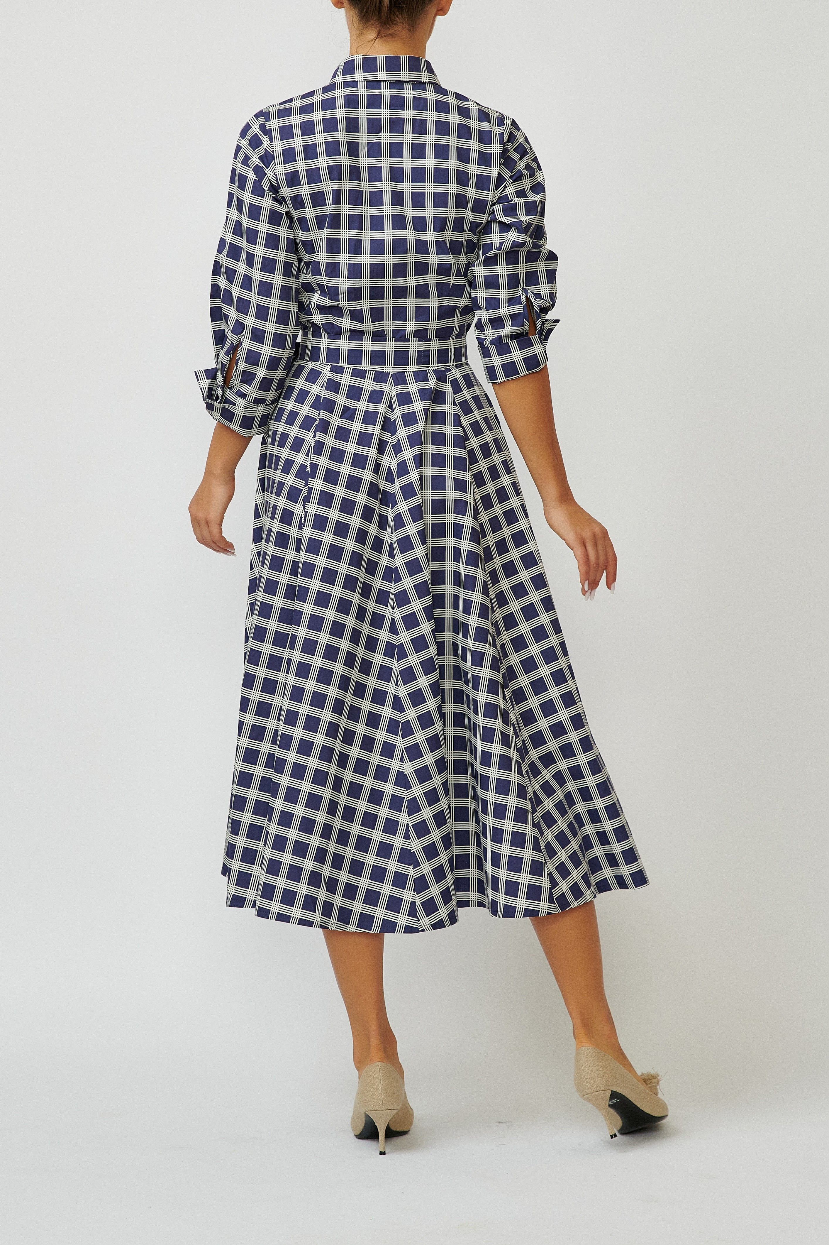 Rochie Camasa Midi in Carouri din Bumbac, Bleumarin