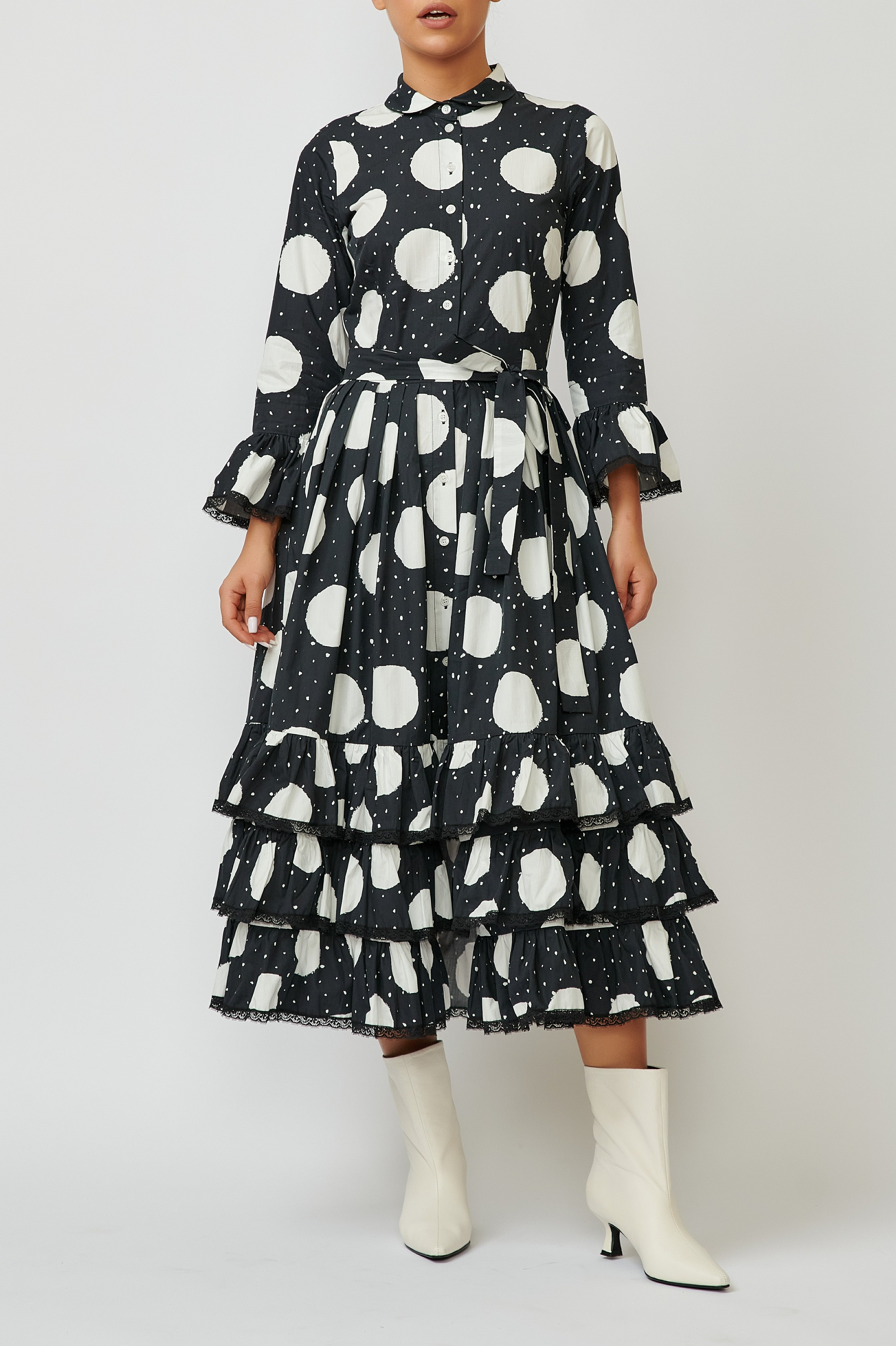 Rochie Camasa Midi cu Volane din Bumbac, Neagra