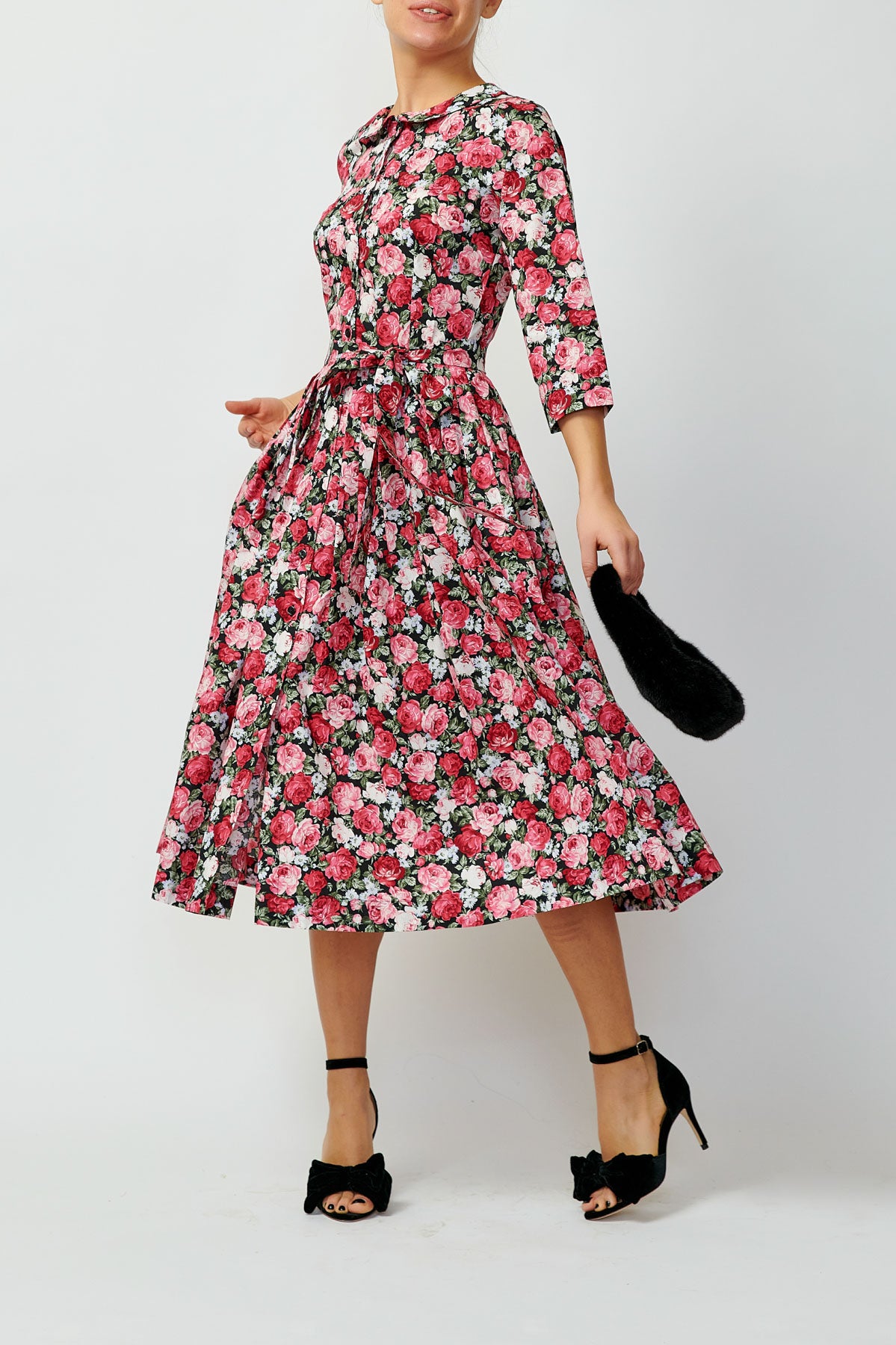 Rochie Camsa Midi cu Imprimeu Floral din Bumbac, Neagra