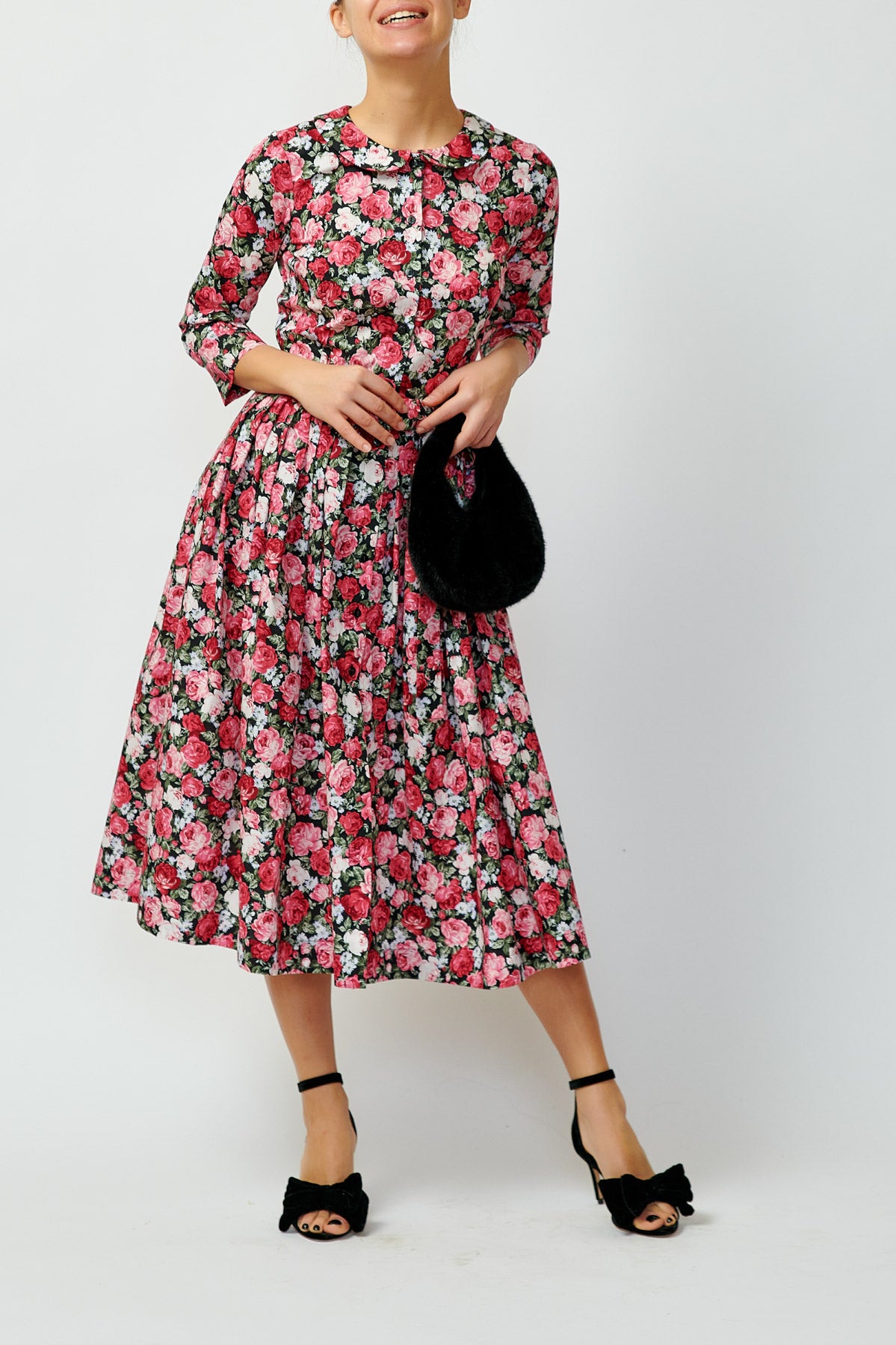 Rochie Camsa Midi cu Imprimeu Floral din Bumbac, Neagra