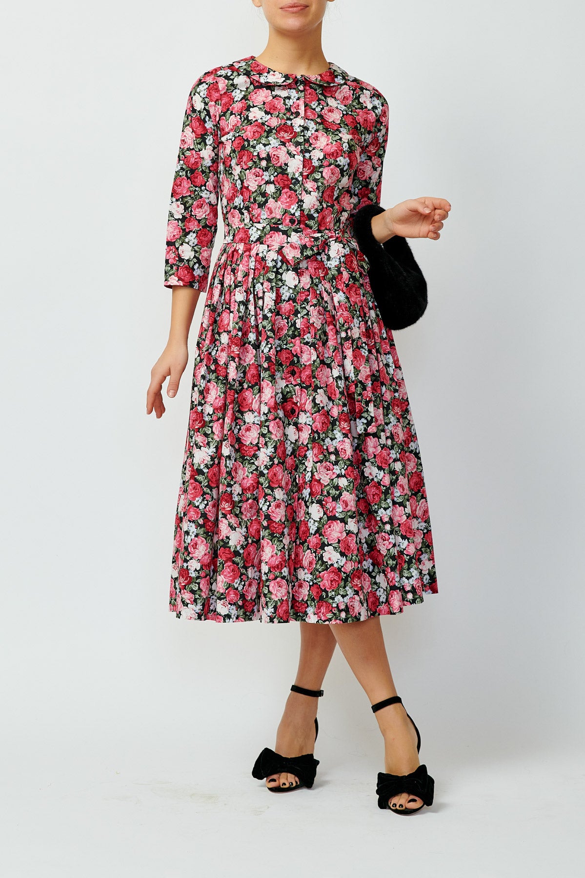 Rochie Camsa Midi cu Imprimeu Floral din Bumbac, Neagra