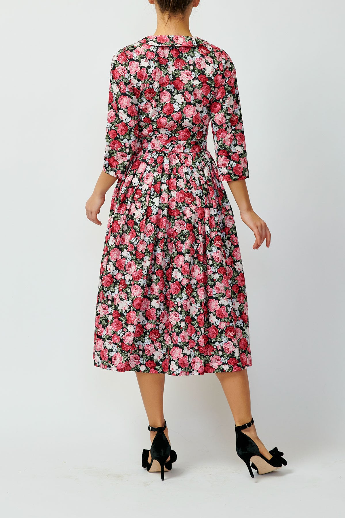 Rochie Camsa Midi cu Imprimeu Floral din Bumbac, Neagra