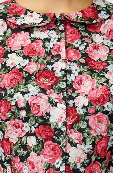 Rochie Camsa Midi cu Imprimeu Floral din Bumbac, Neagra