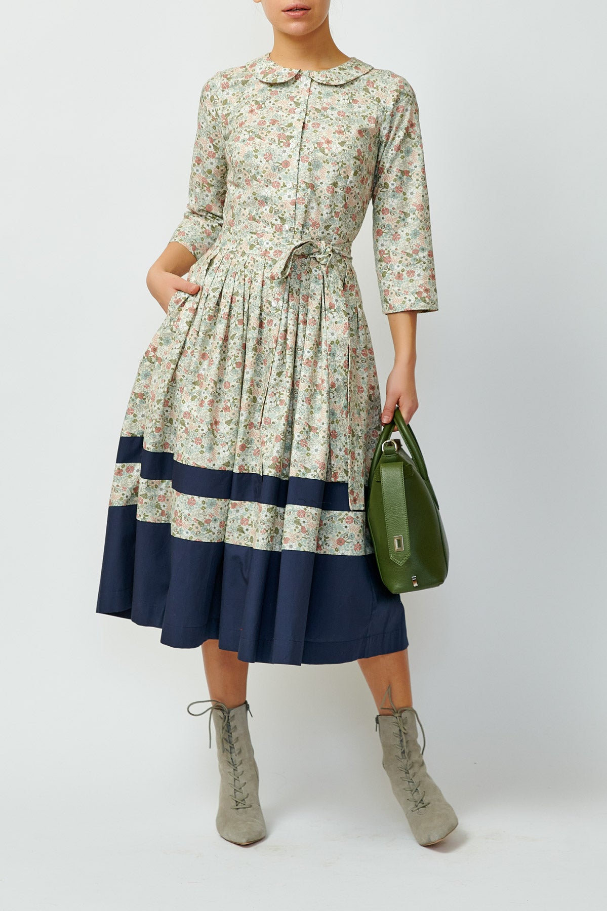 Rochie Camsa Midi cu Impriemu Floral, Bej-Gri