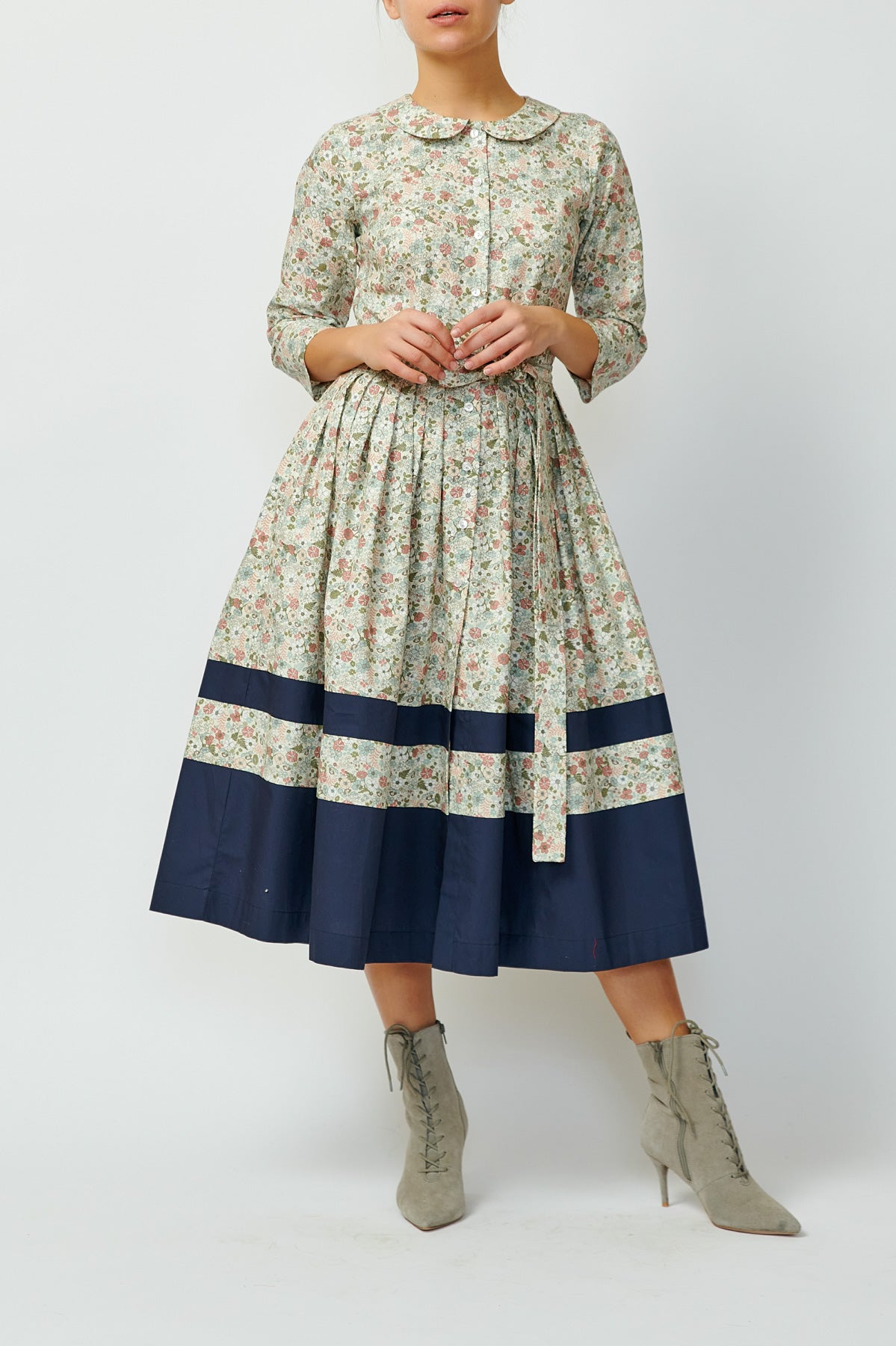 Rochie Camsa Midi cu Impriemu Floral, Bej-Gri