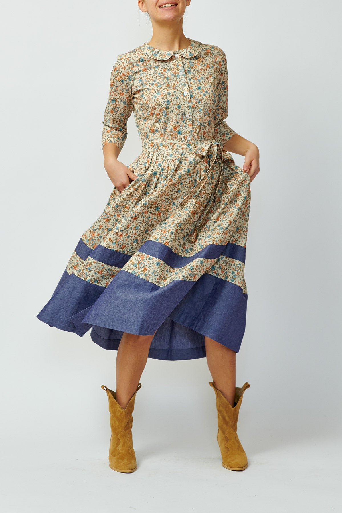 Rochie Camsa Midi cu Impriemu Floral, Bej-Bleumarin