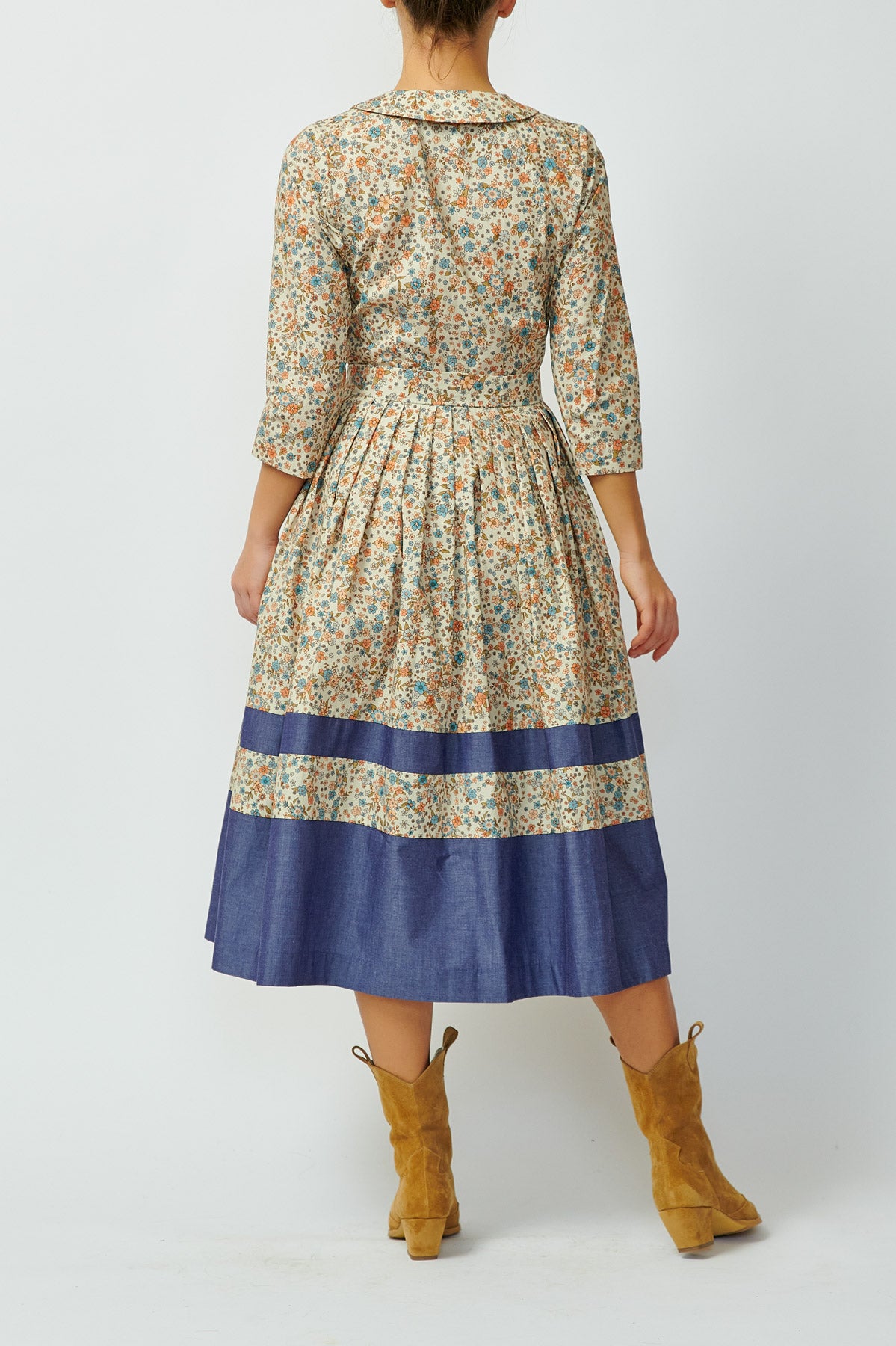 Rochie Camsa Midi cu Impriemu Floral, Bej-Bleumarin