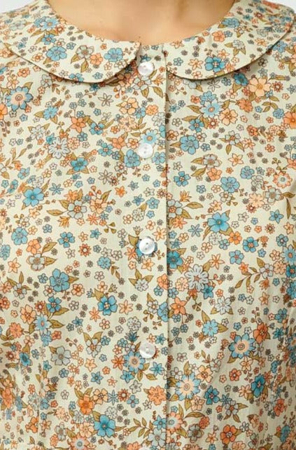 Rochie Camsa Midi cu Impriemu Floral, Bej-Bleumarin