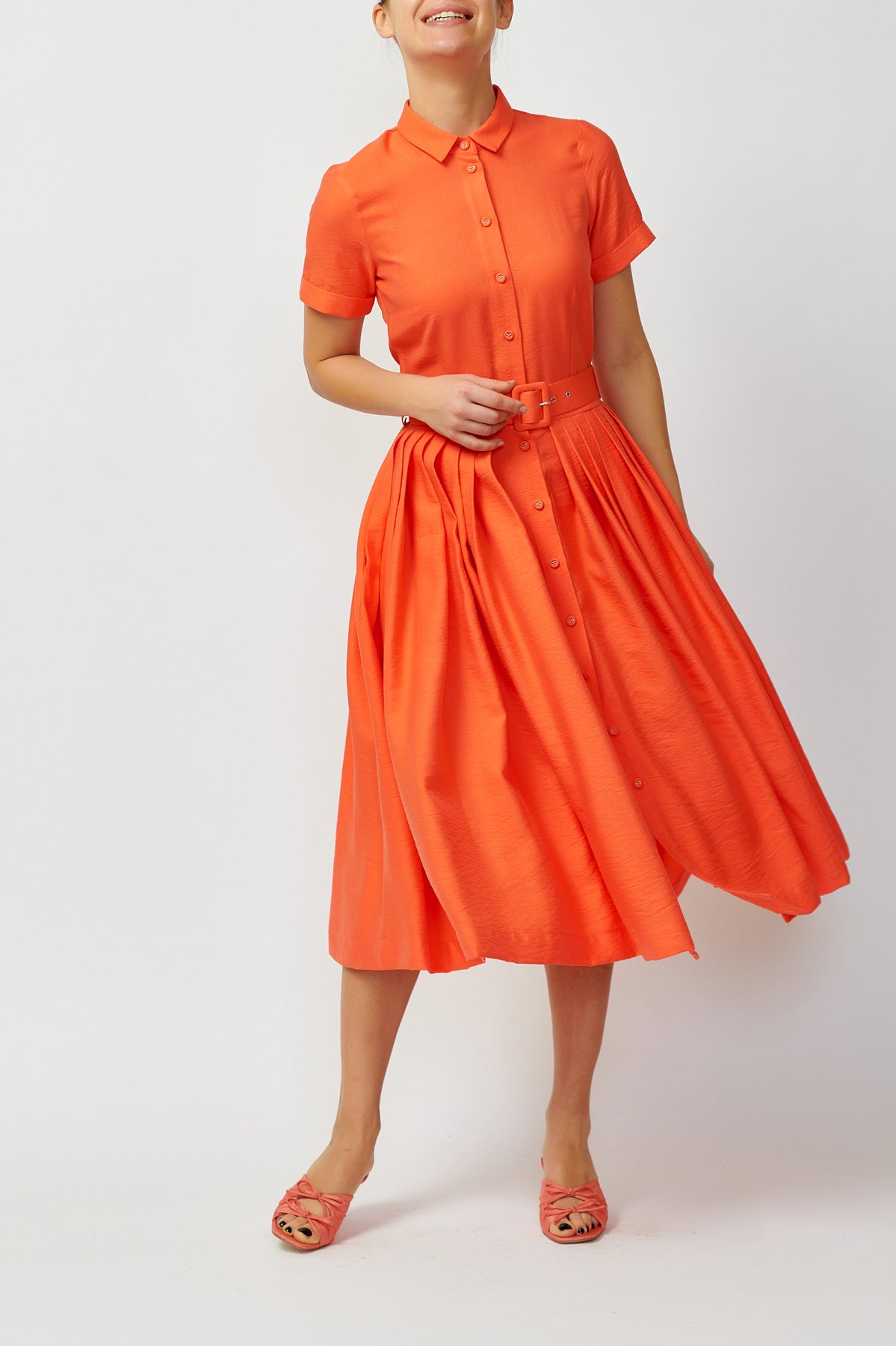 Viscose Midi Shirt Dress, Coral