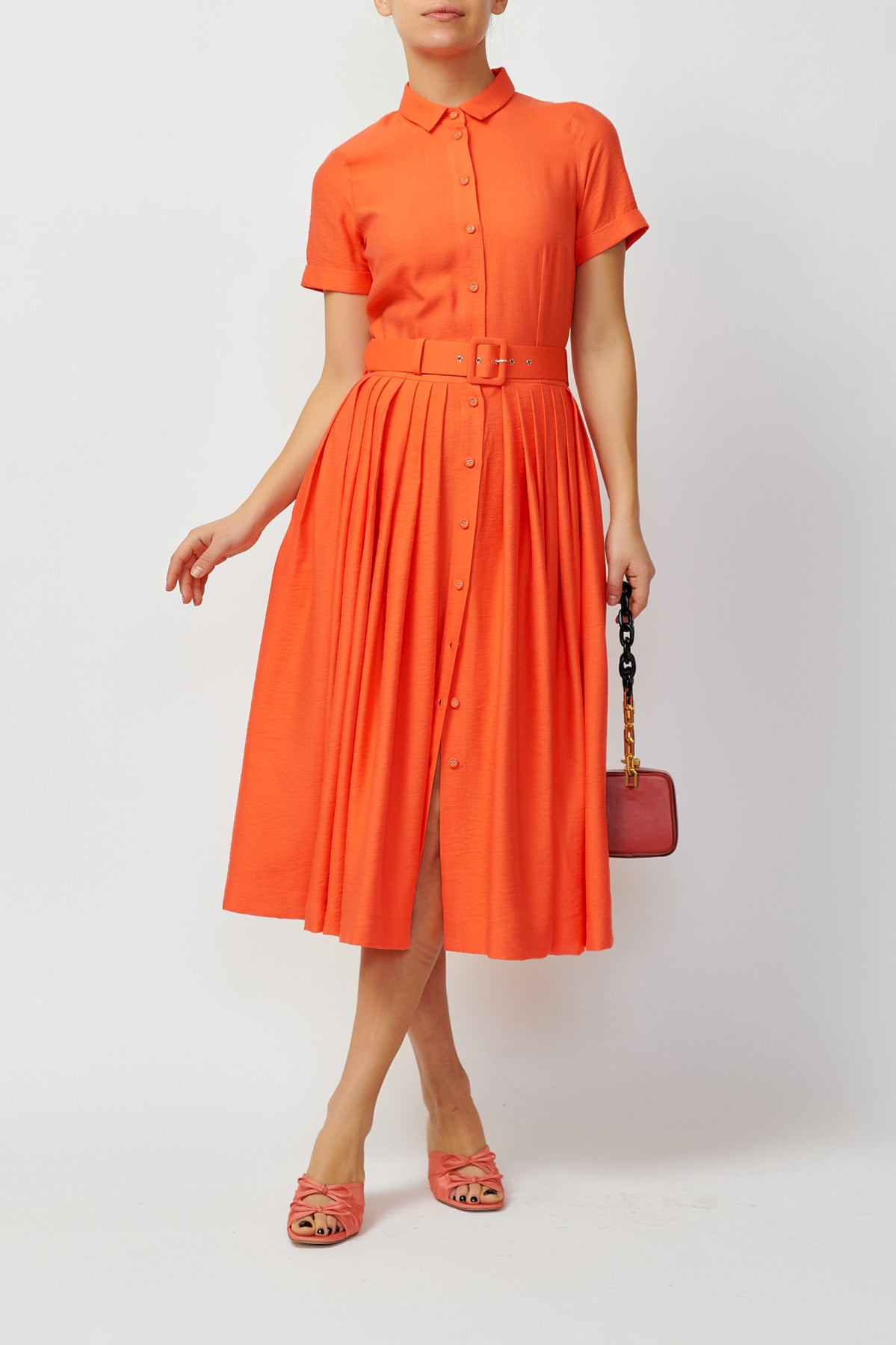 Viscose Midi Shirt Dress, Coral