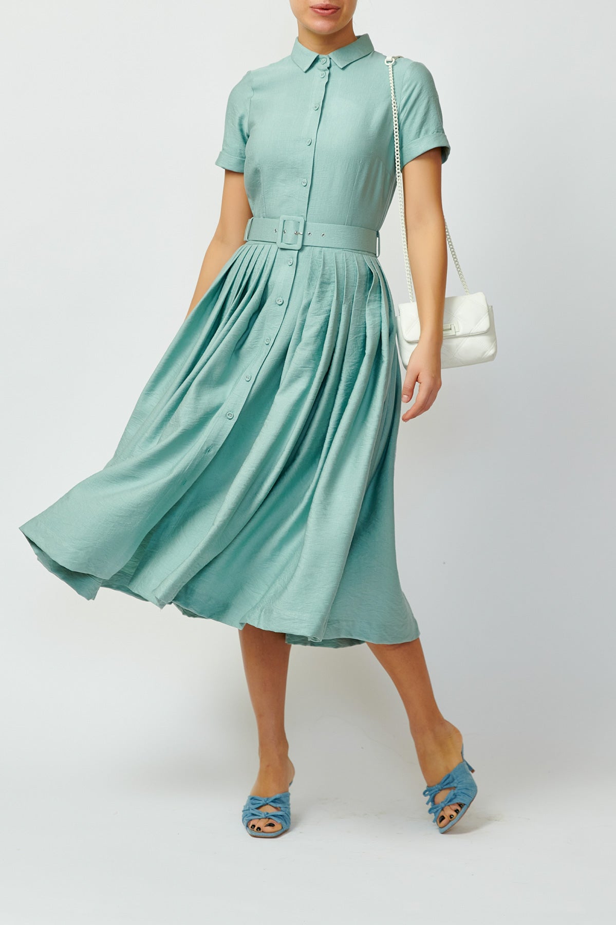 Viscose Midi Shirt Dress, Blue-Grey