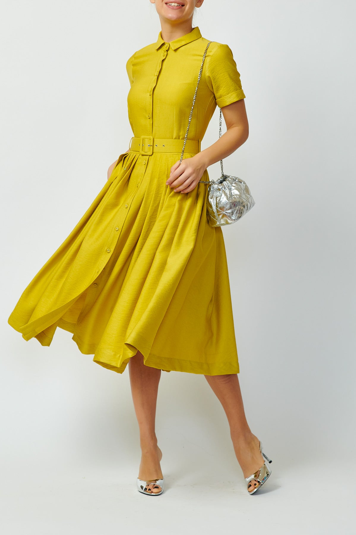 Viscose Midi Shirt Dress, Mustard Yellow