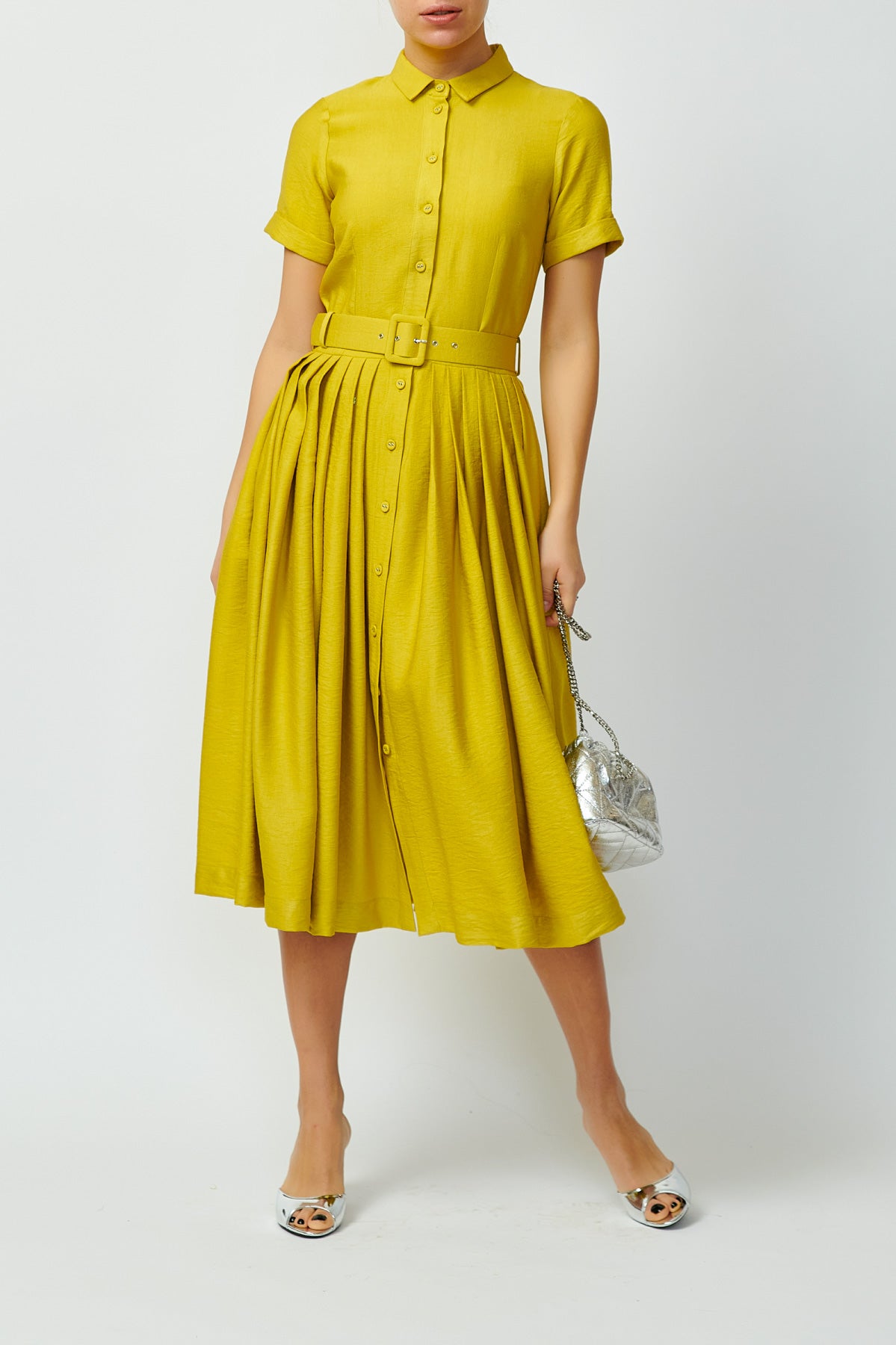 Viscose Midi Shirt Dress, Mustard Yellow
