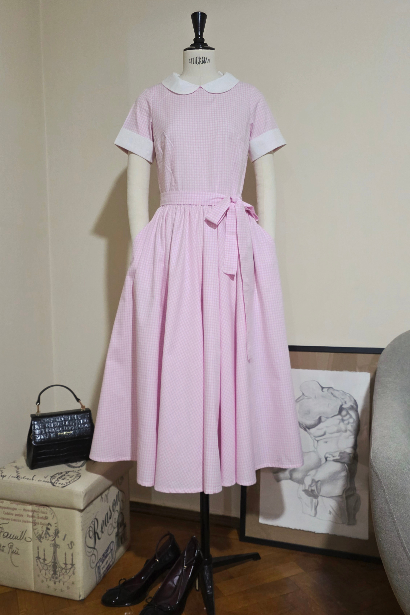 Rochie Midi cu Maneci Scurte, Mansete si Carouri din Bumbac, Roz