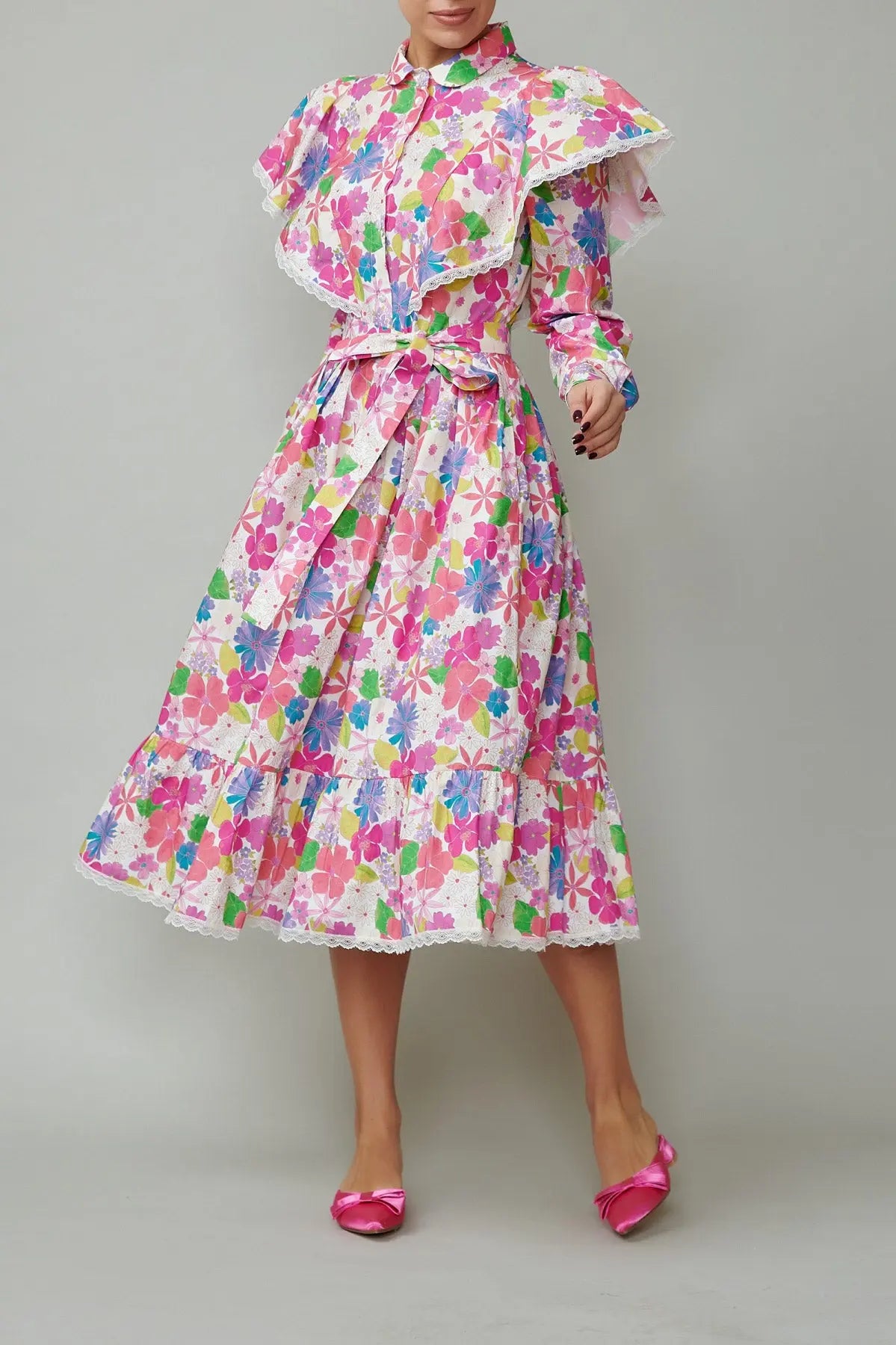 Rochie camasa cu aripioare din poplin cu flori multicolor