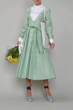 Rochie Midi cu Mansete si Carouri din Bumbac, Verde