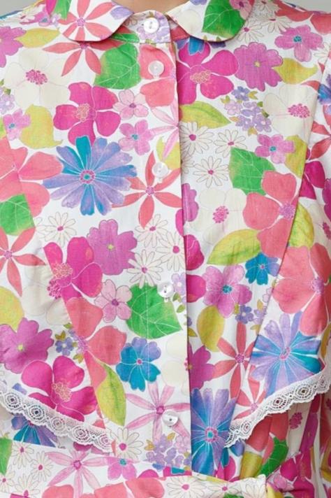 Rochie camasa cu aripioare din poplin cu flori multicolor