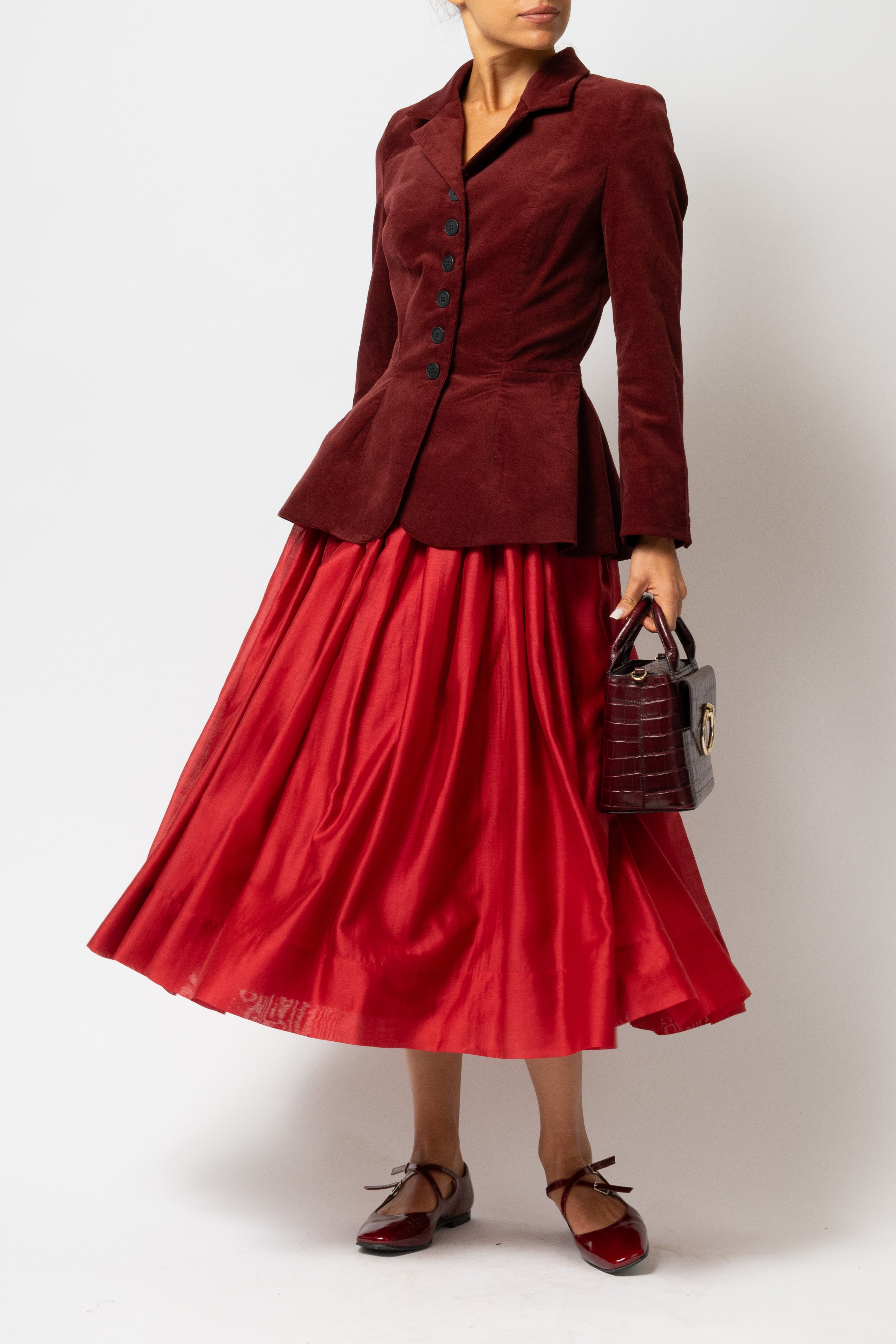 Pompeian Red Viscose Organza Midi Skirt