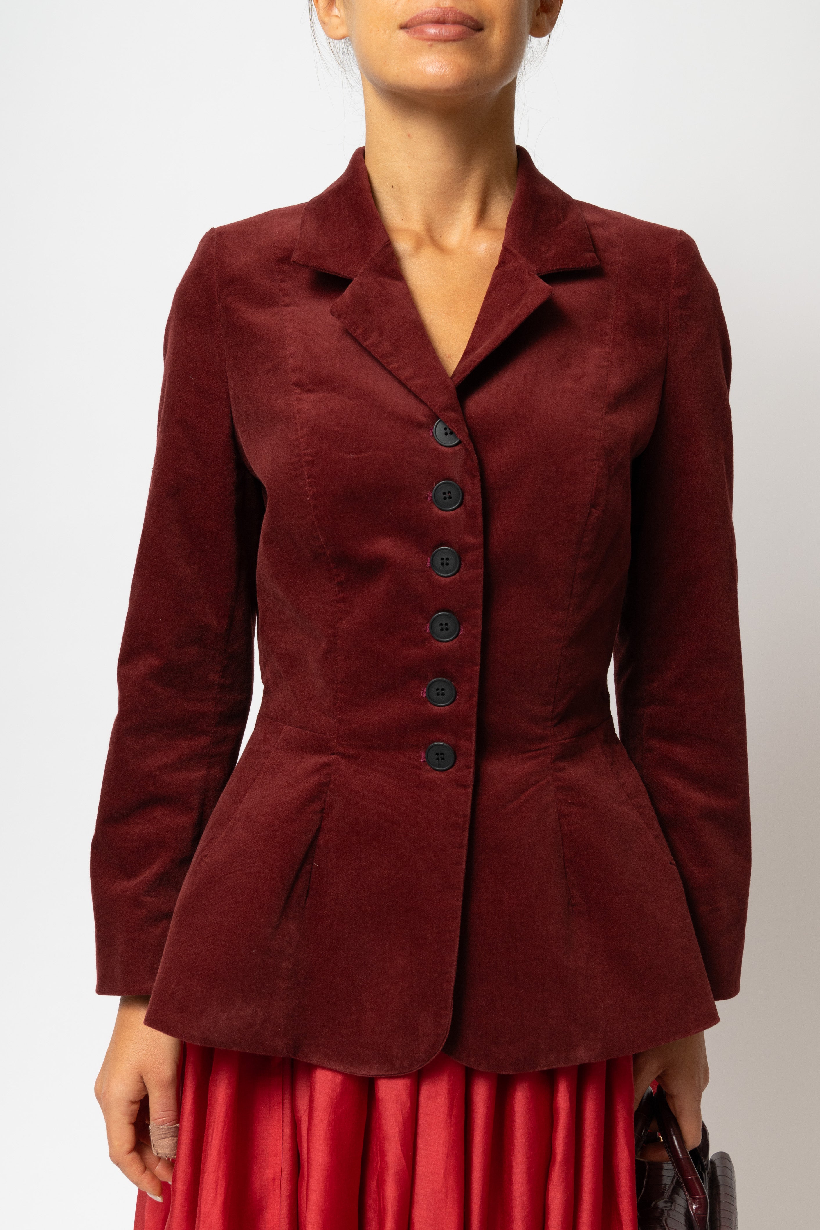Sacou cu Guler cu Revere din Catifea de Bumbac, Bordo