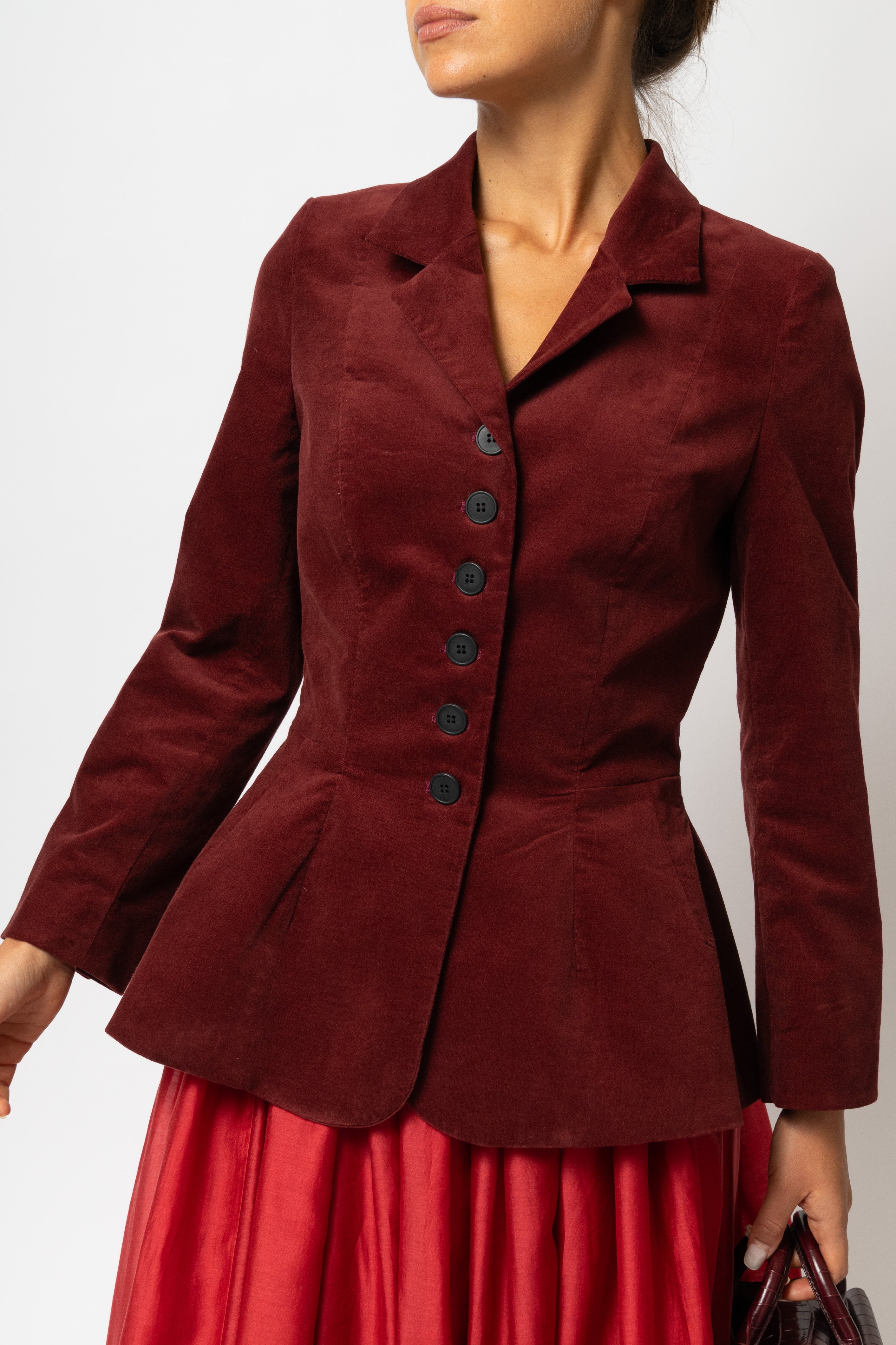 Sacou cu Guler cu Revere din Catifea de Bumbac, Bordo