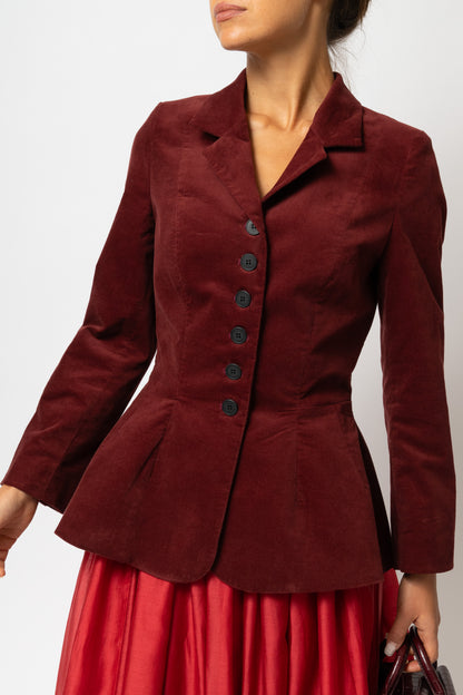 Sacou cu Guler cu Revere din Catifea de Bumbac, Bordo