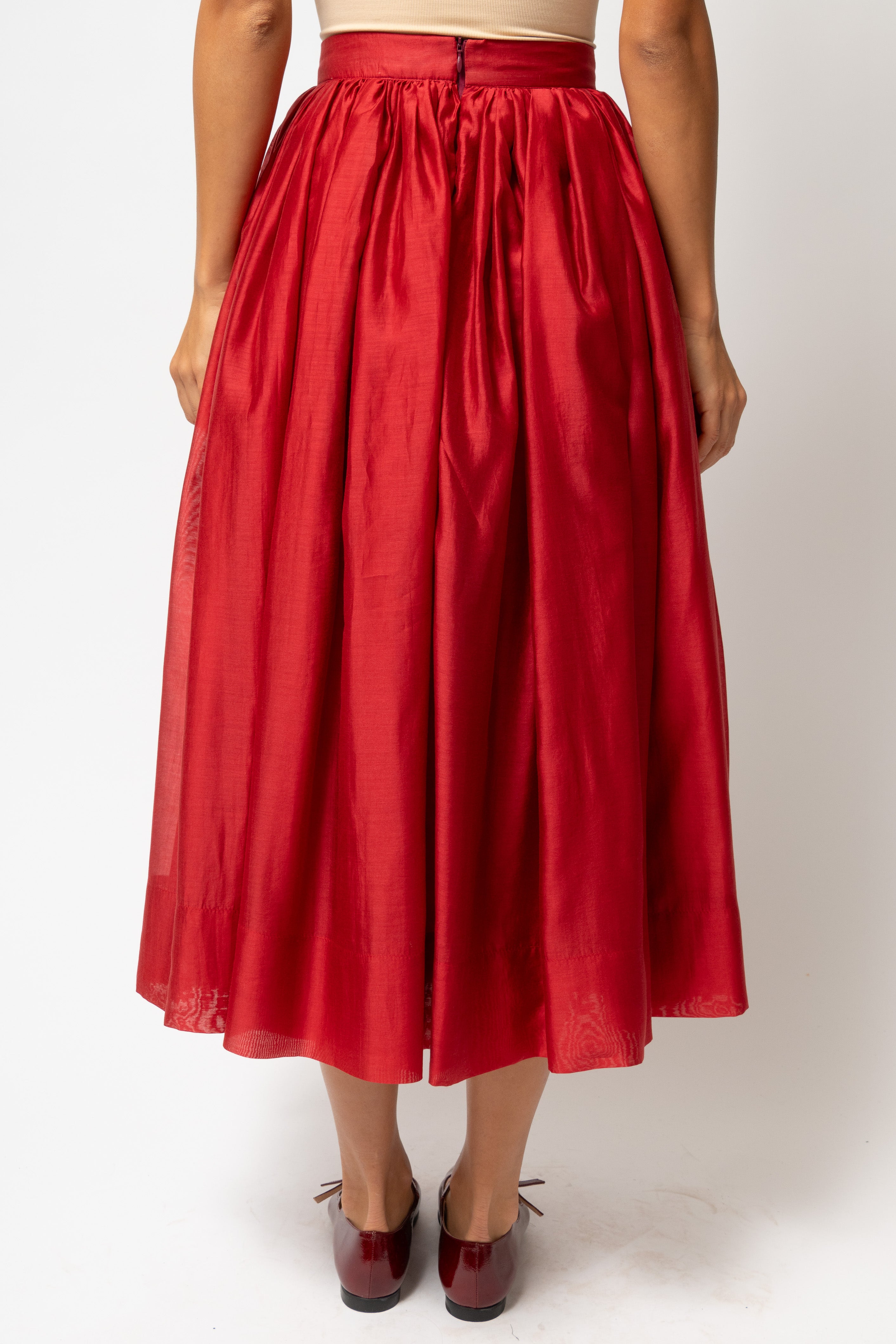 Pompeian Red Viscose Organza Midi Skirt