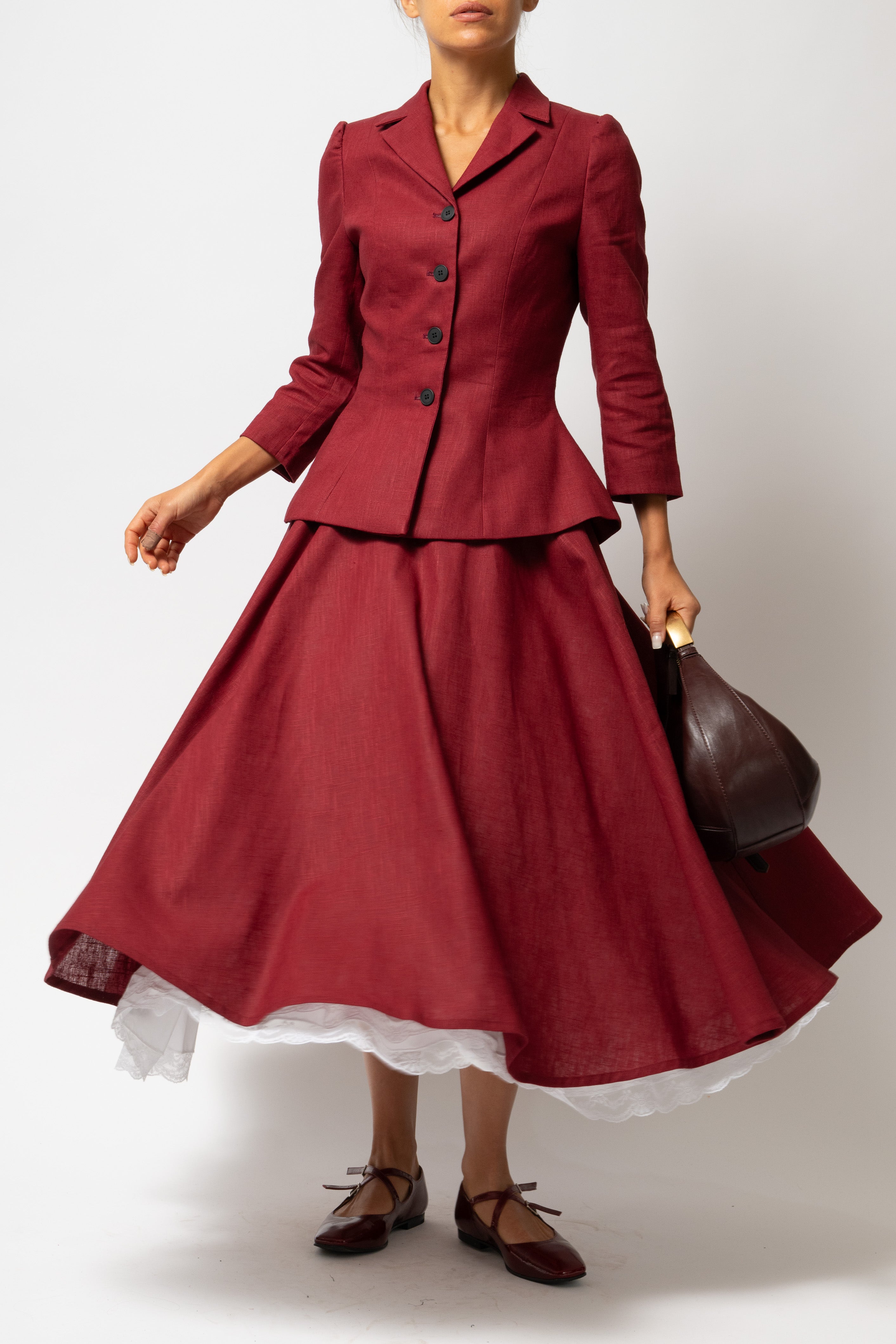 Midi Clos Skirt in Linen, Burgundy
