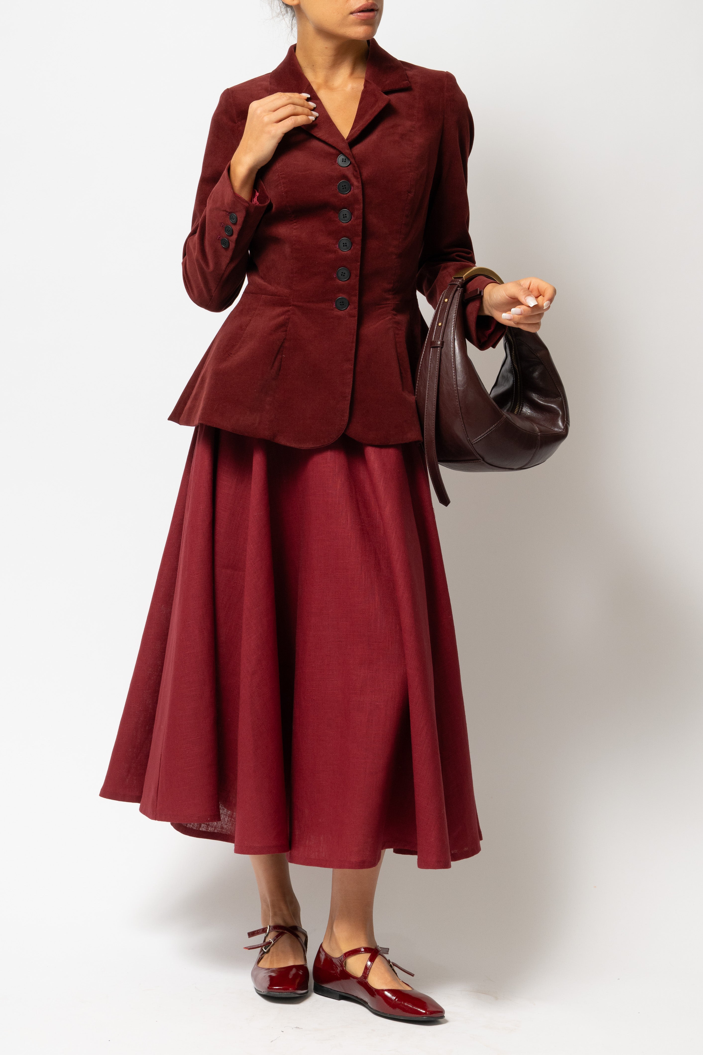 Sacou cu Guler cu Revere din Catifea de Bumbac, Bordo