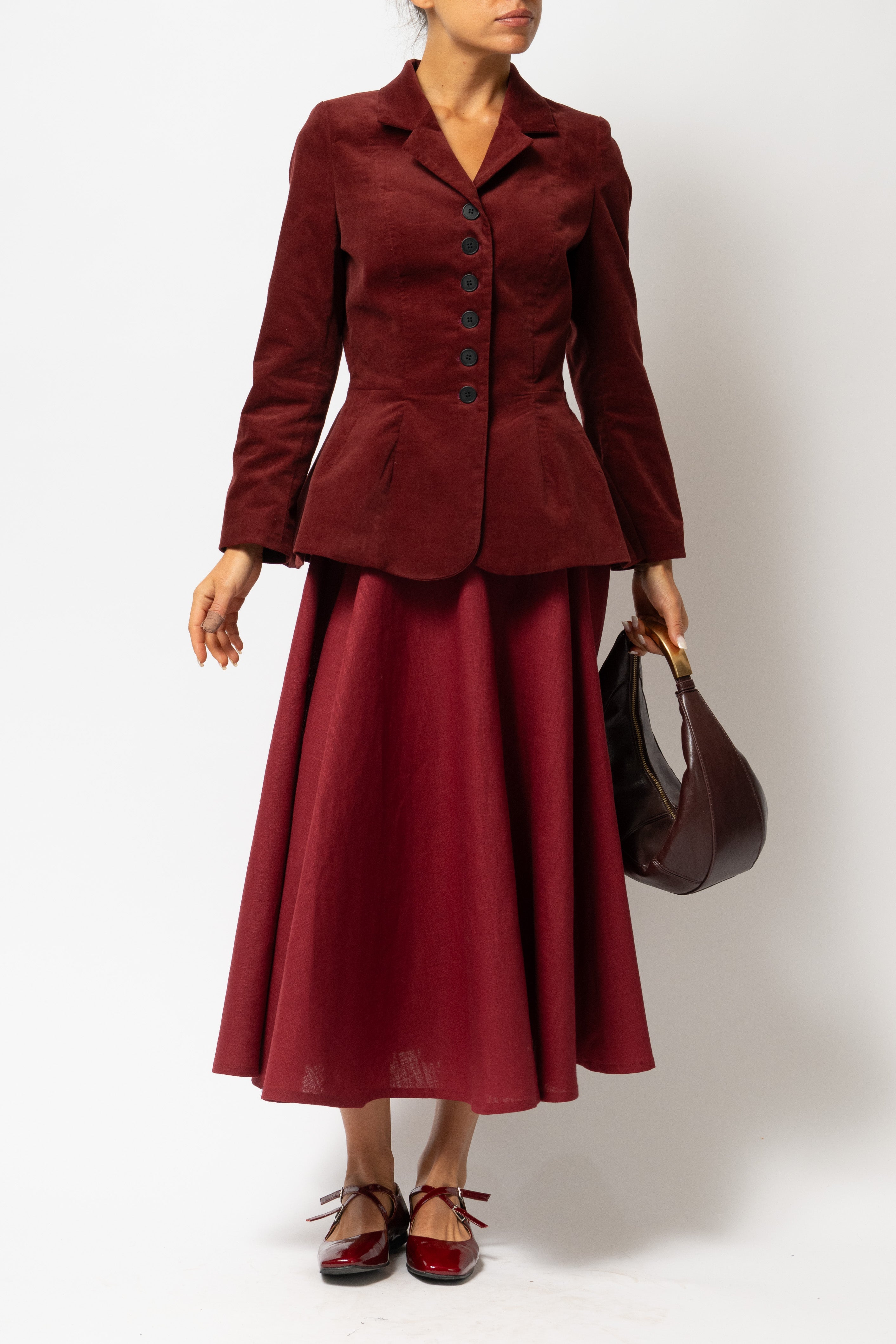 Sacou cu Guler cu Revere din Catifea de Bumbac, Bordo