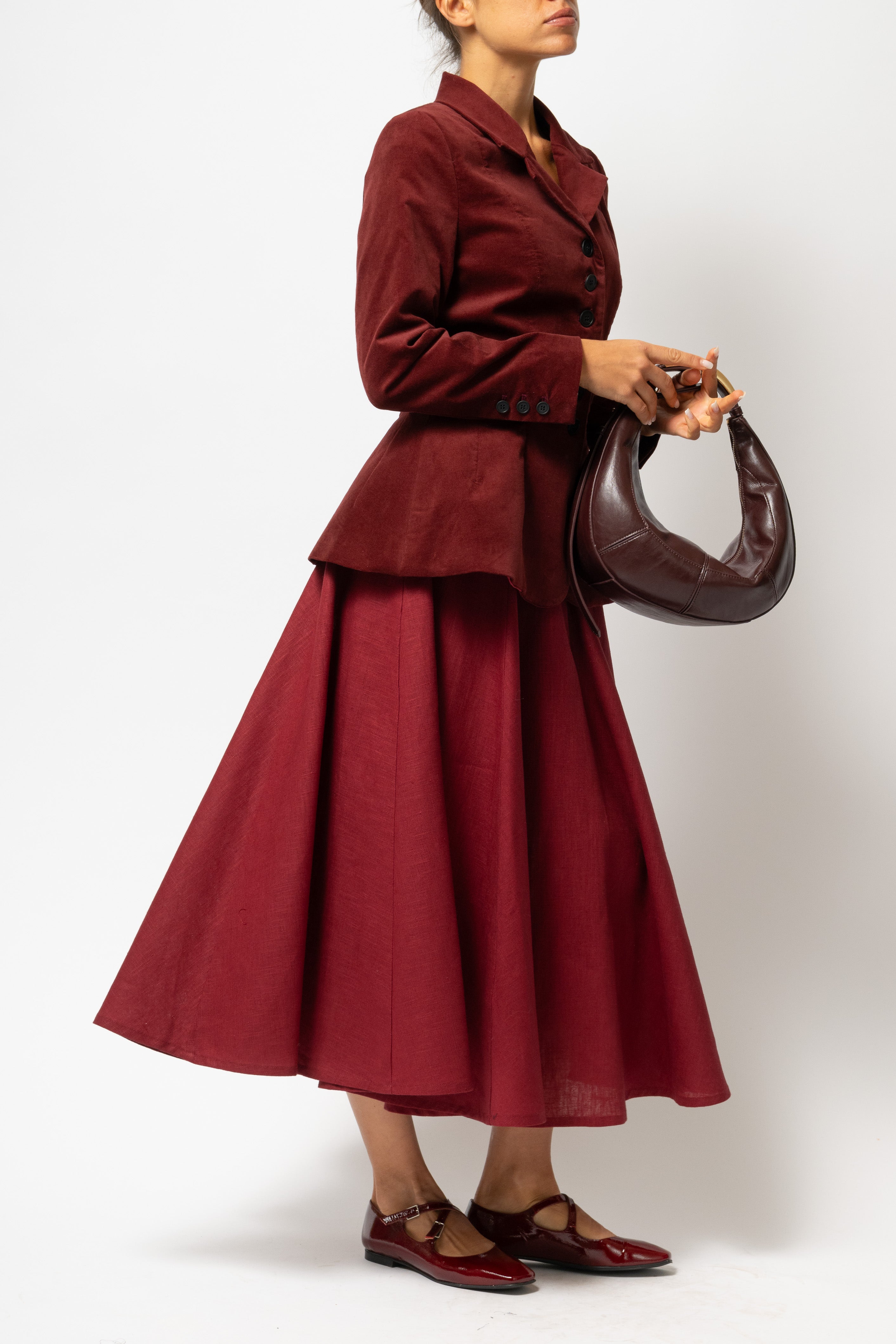 Midi Clos Skirt in Linen, Burgundy