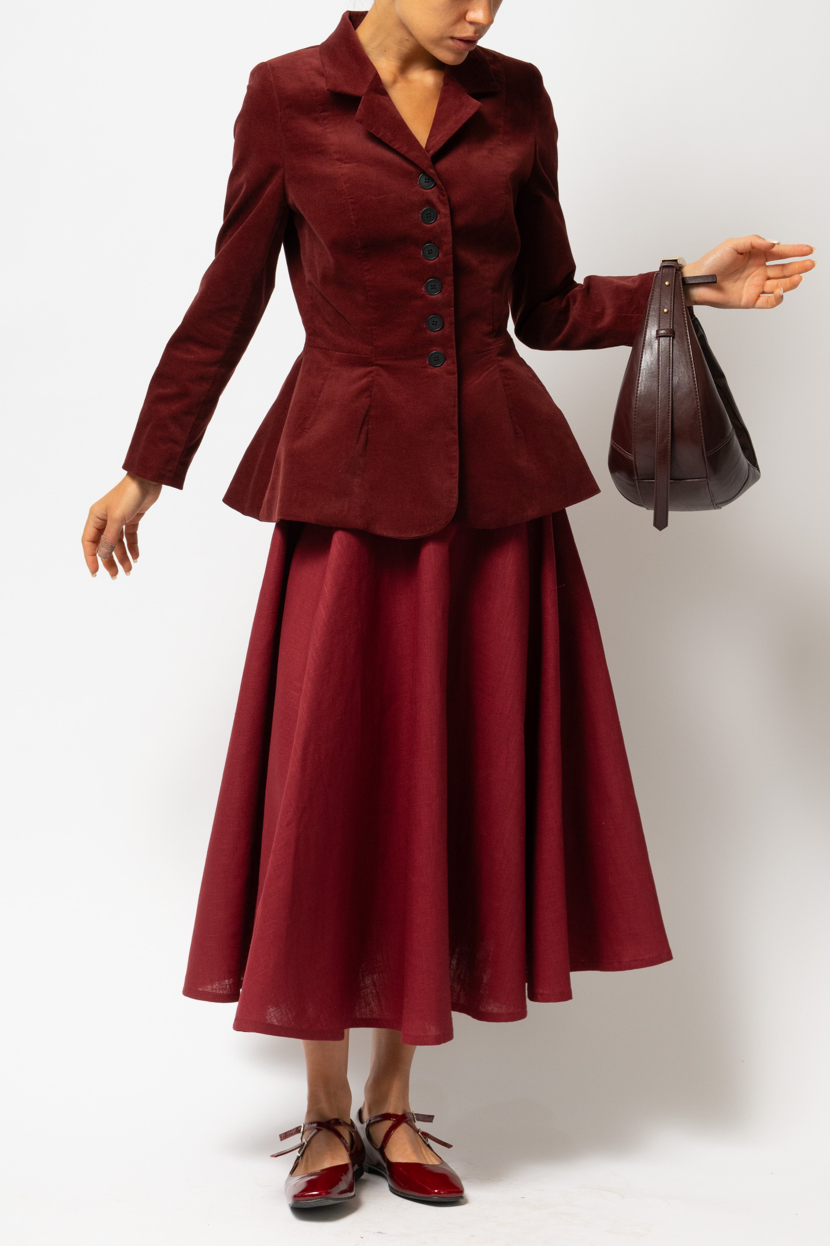 Sacou cu Guler cu Revere din Catifea de Bumbac, Bordo