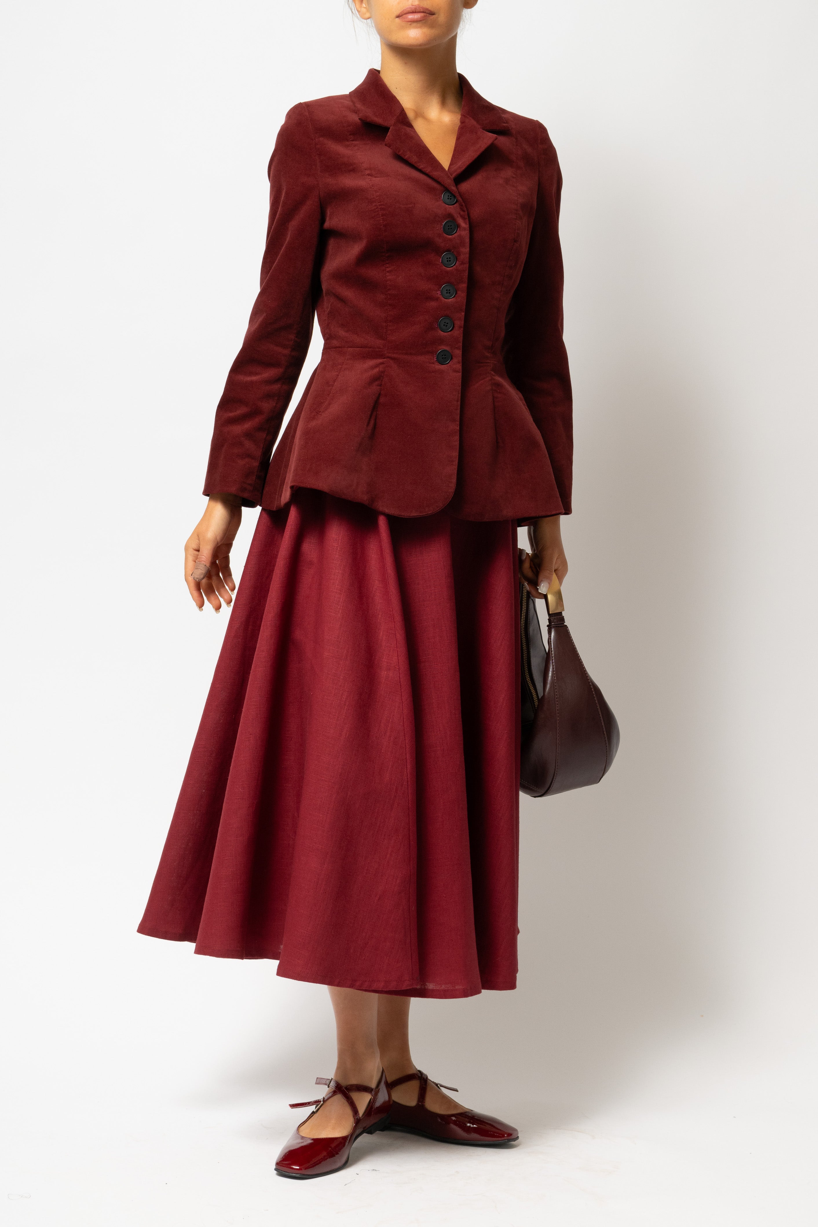 Midi Clos Skirt in Linen, Burgundy