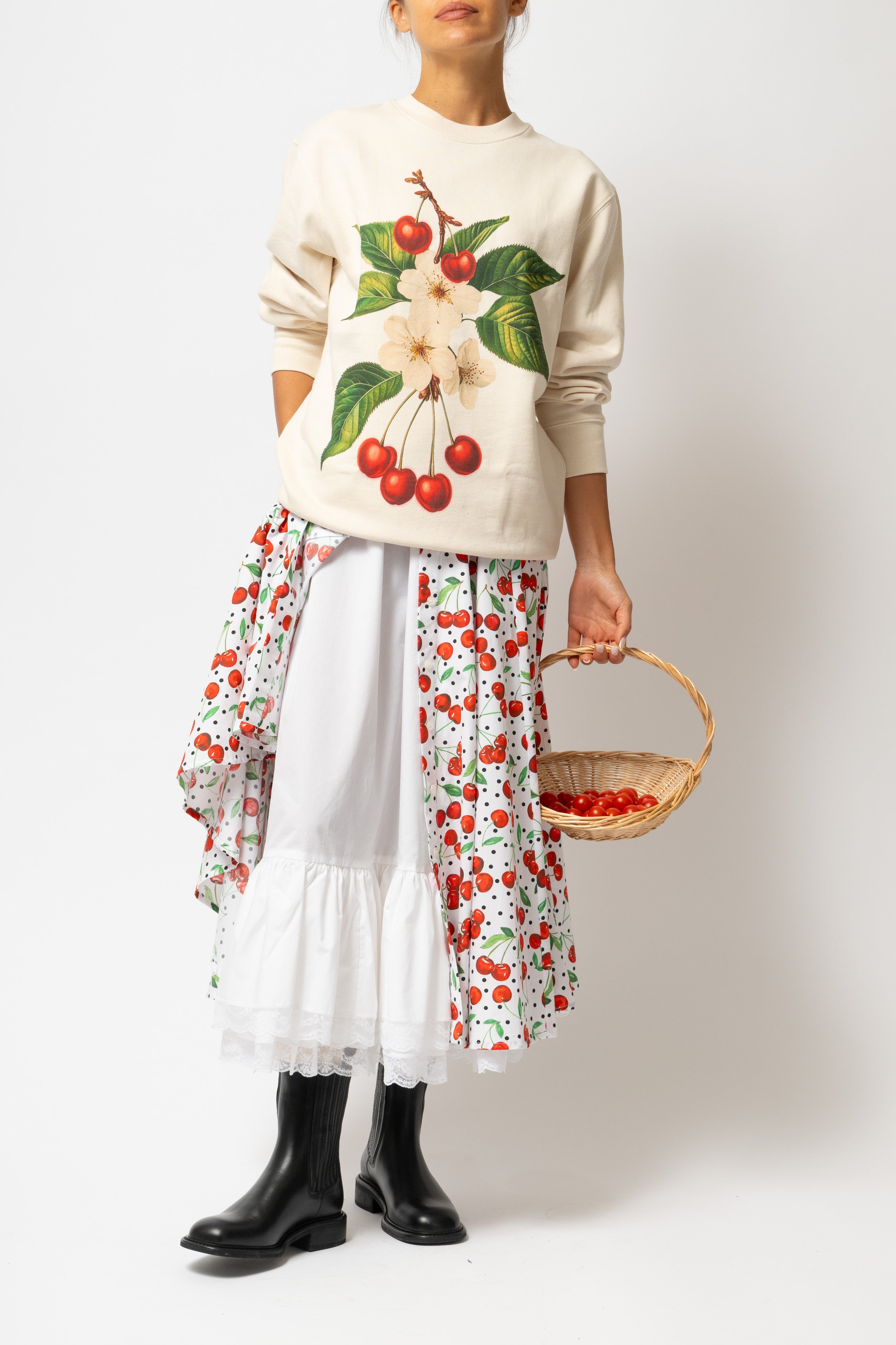 Fusta Midi cu Imprimeu de Cirese din Bumbac “Eyeful x Milla Milla”, Alba