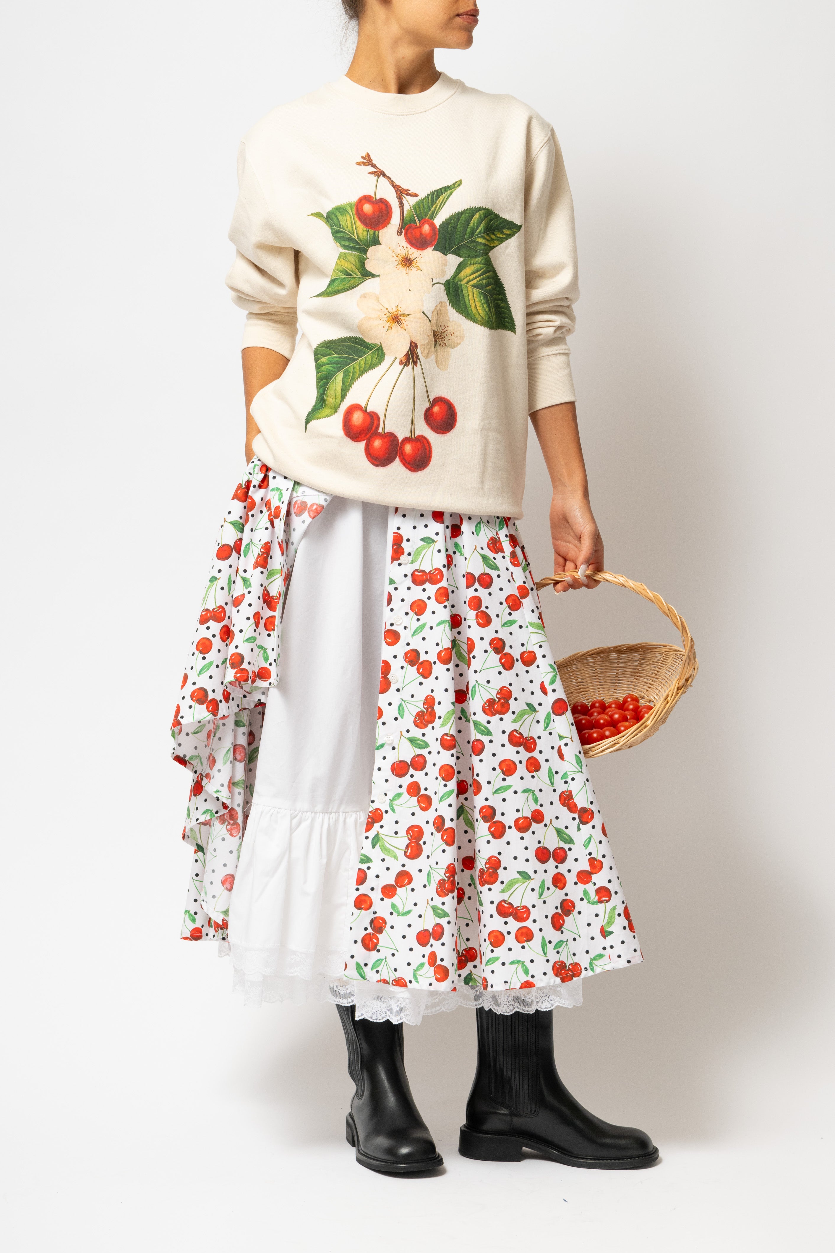 Fusta Midi cu Imprimeu de Cirese din Bumbac “Eyeful x Milla Milla”, Alba