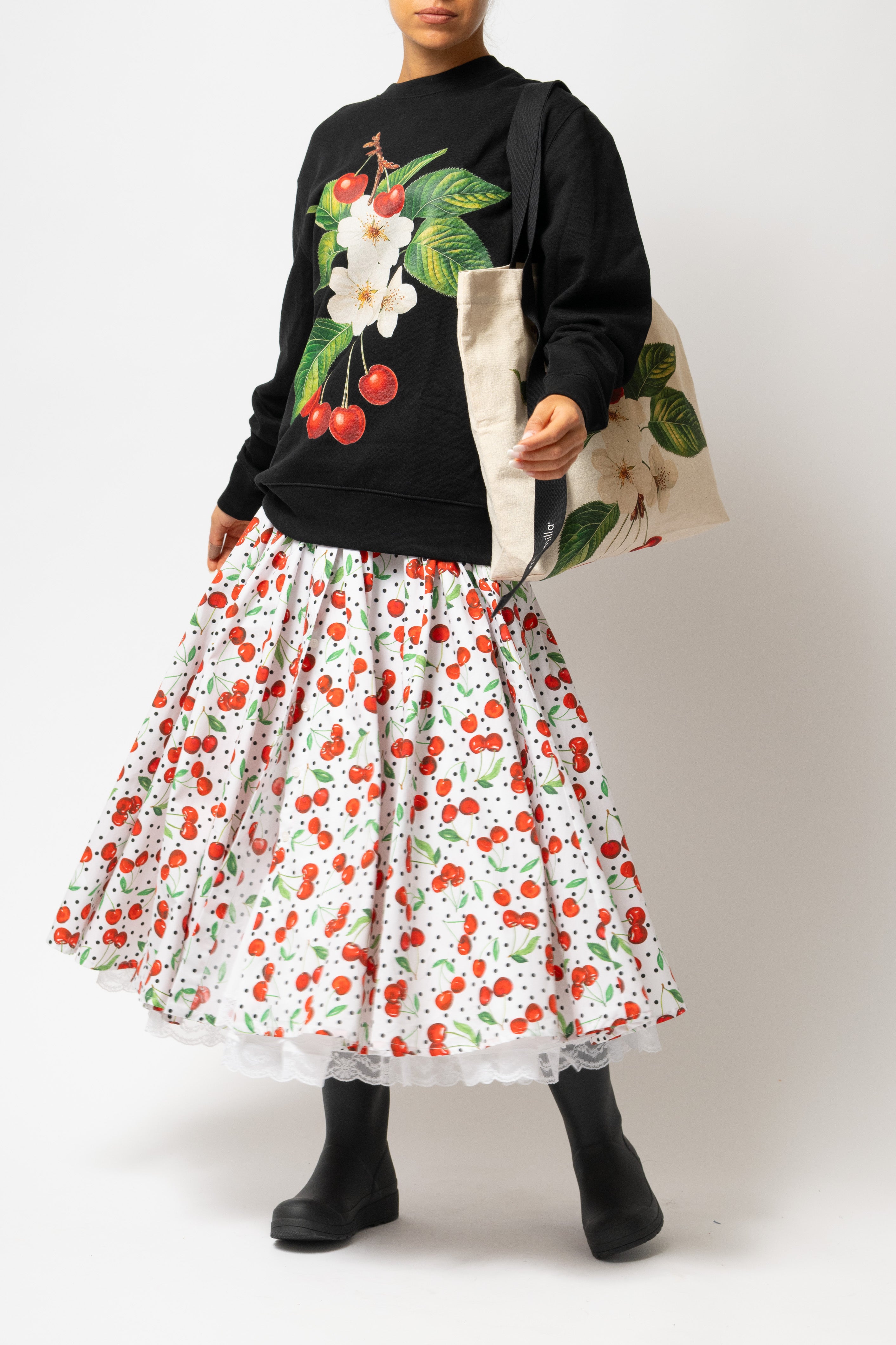 Fusta Midi cu Imprimeu de Cirese din Bumbac “Eyeful x Milla Milla”, Alba