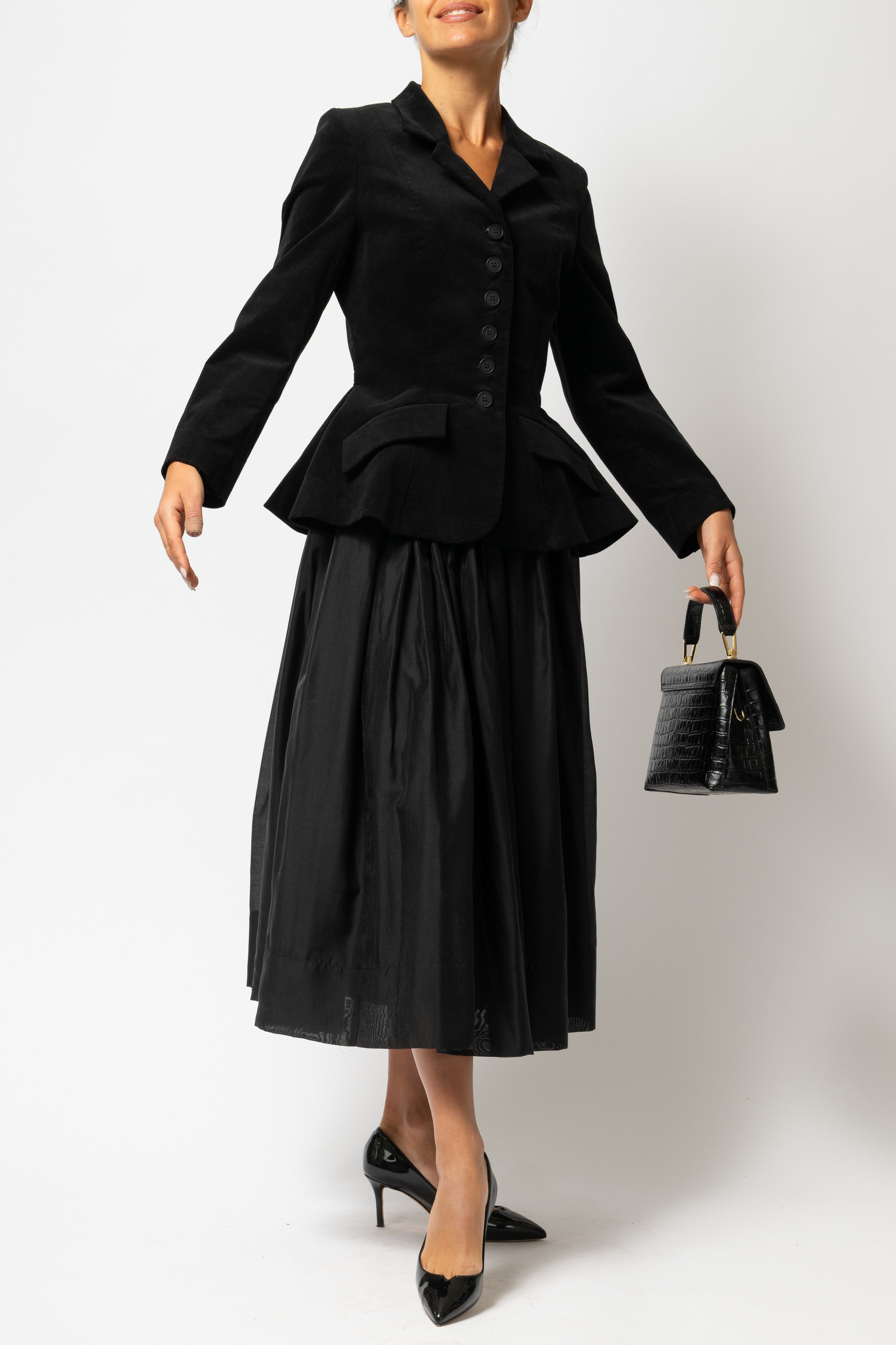 Sacou cu Peplum din Catifea de Bumbac, Negru