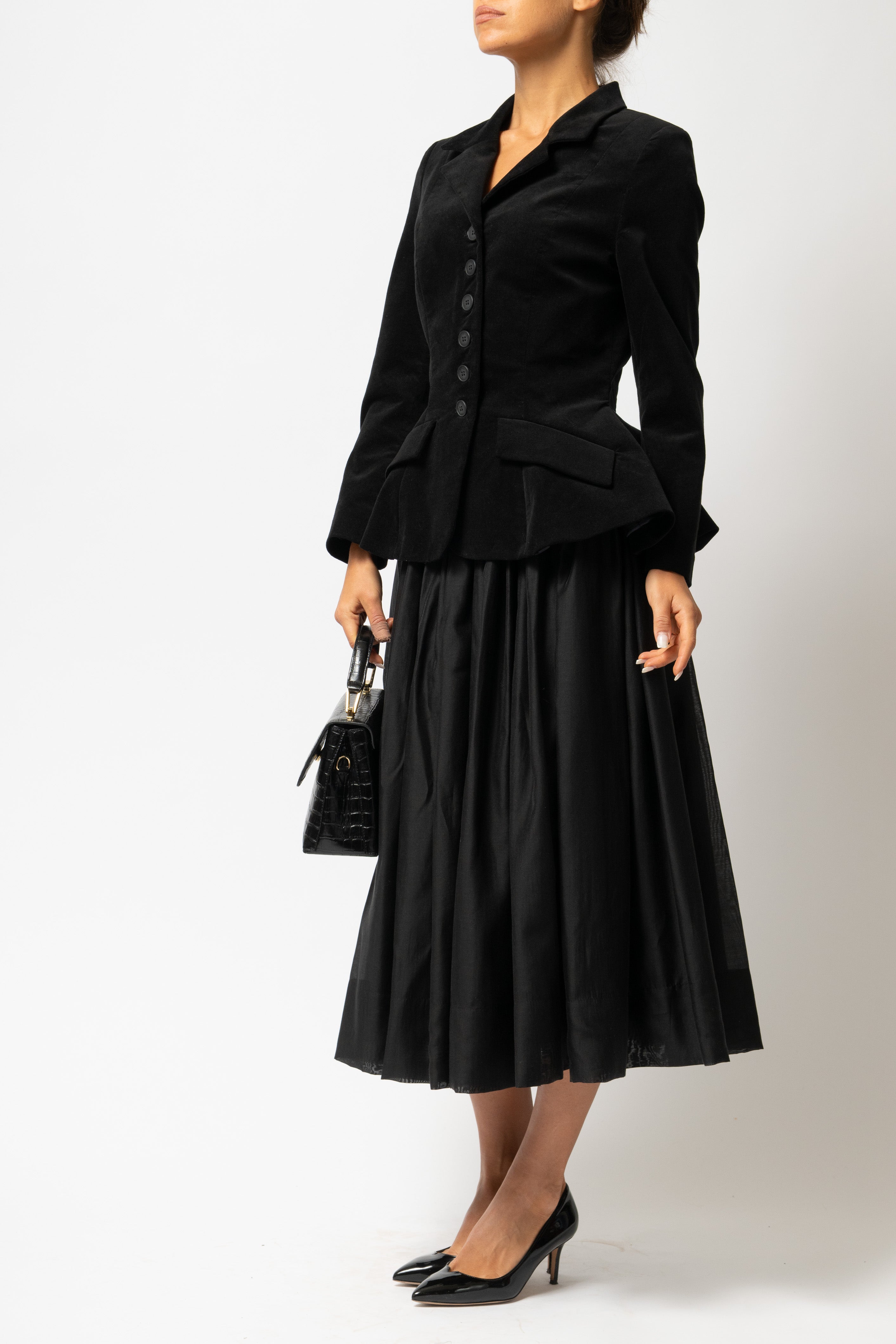 Sacou cu Peplum din Catifea de Bumbac, Negru