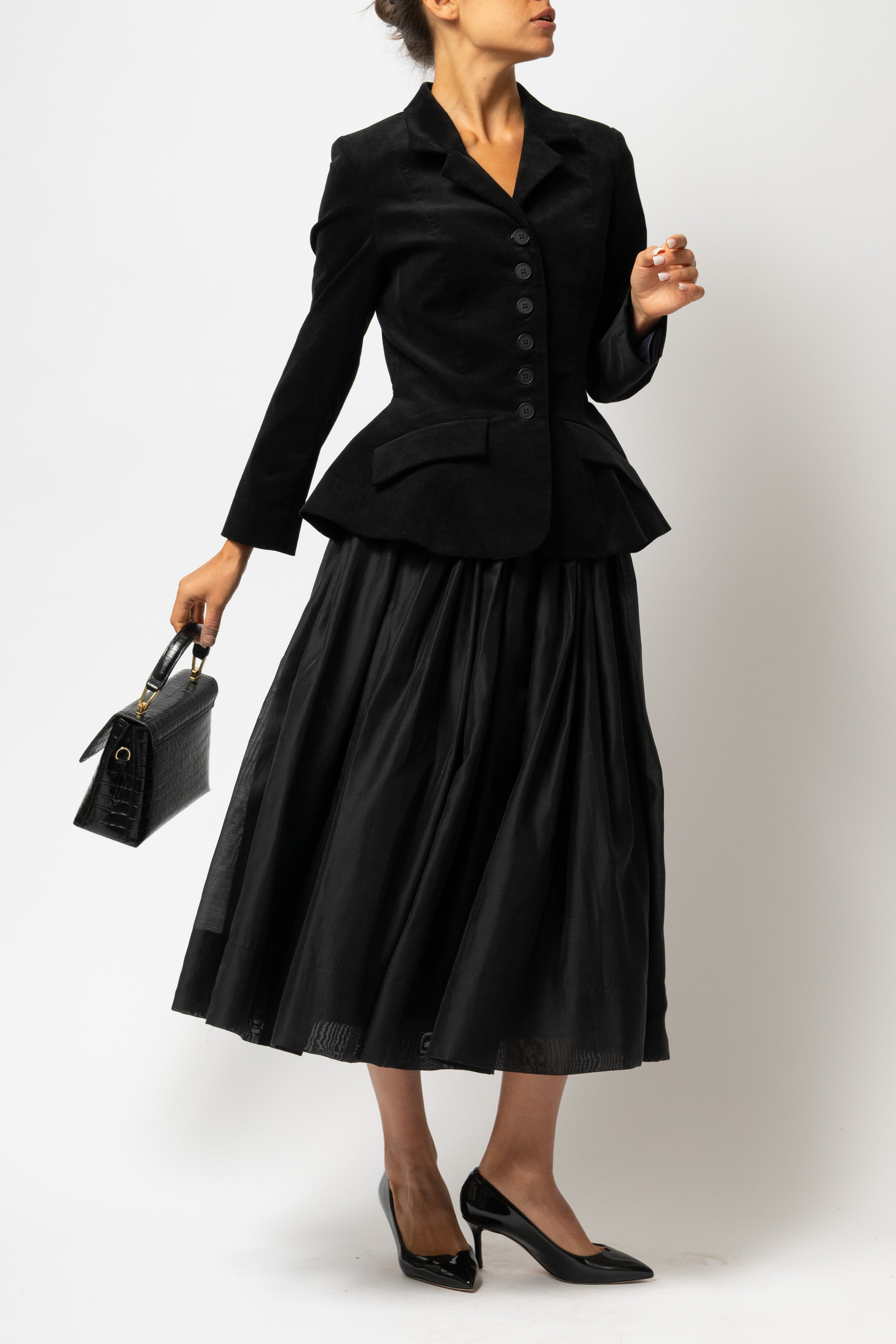 Sacou cu Peplum din Catifea de Bumbac, Negru