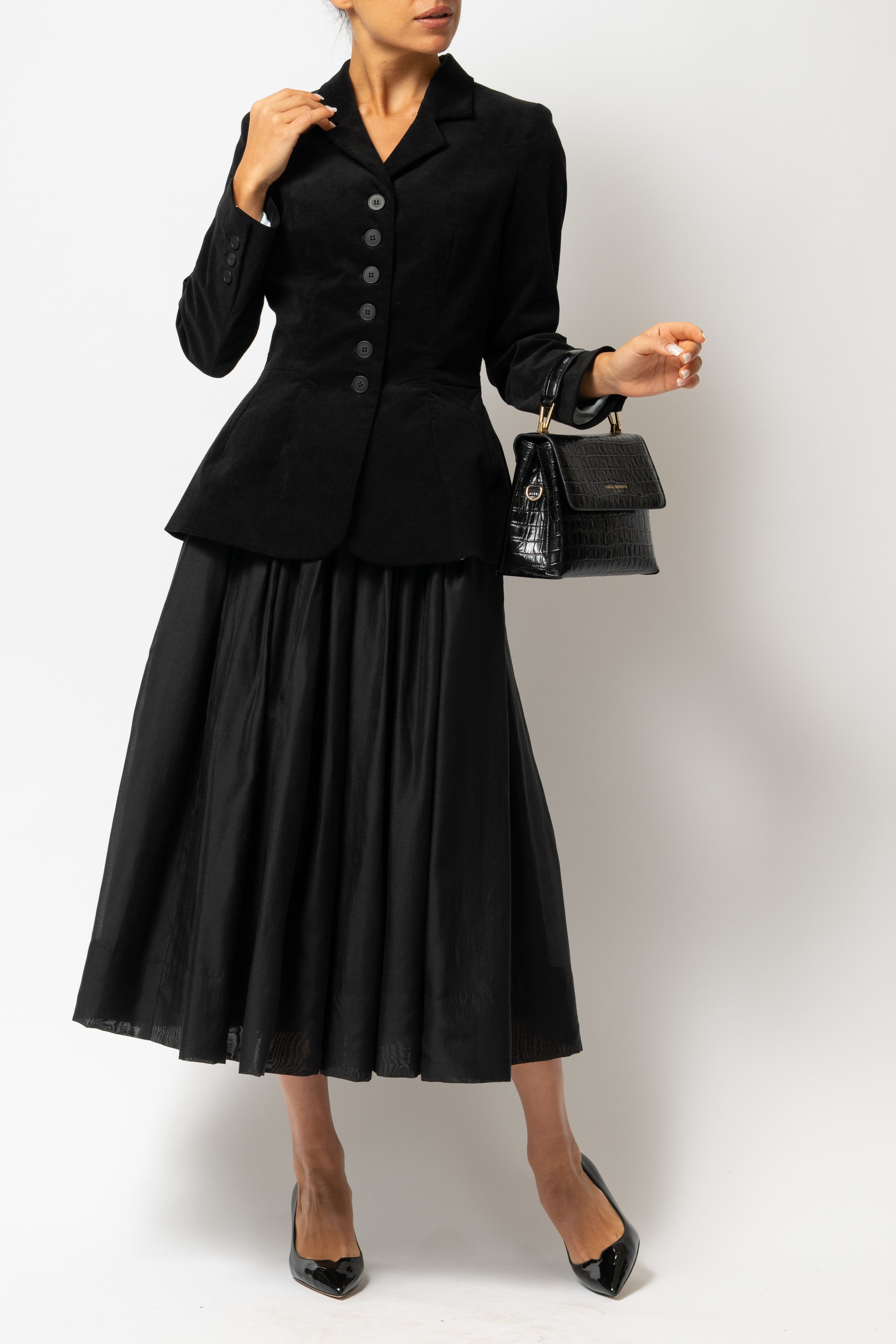 Fusta Midi Ampla din Organza de Viscoza, Neagra